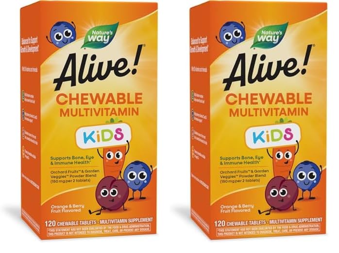 Nature's Way Alive! Children's Daily Chewable Multivitamin, Supports Bone, Eye, and Immune Health*, Orange & Berry Fruit Flavored, Gluten Free, 120 Chewable Tablets (Packaging May Vary)