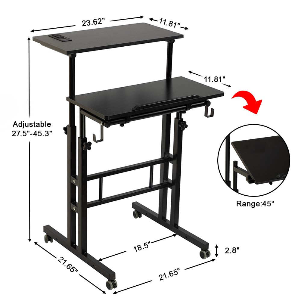 SIDUCAL Mobile Standing Desk, Portable Stand Up Desk, Small Adjustable Standing Desk Converter with Wheels Home Office Workstation, Rolling Desk Laptop Cart for Standing or Sitting, Black
