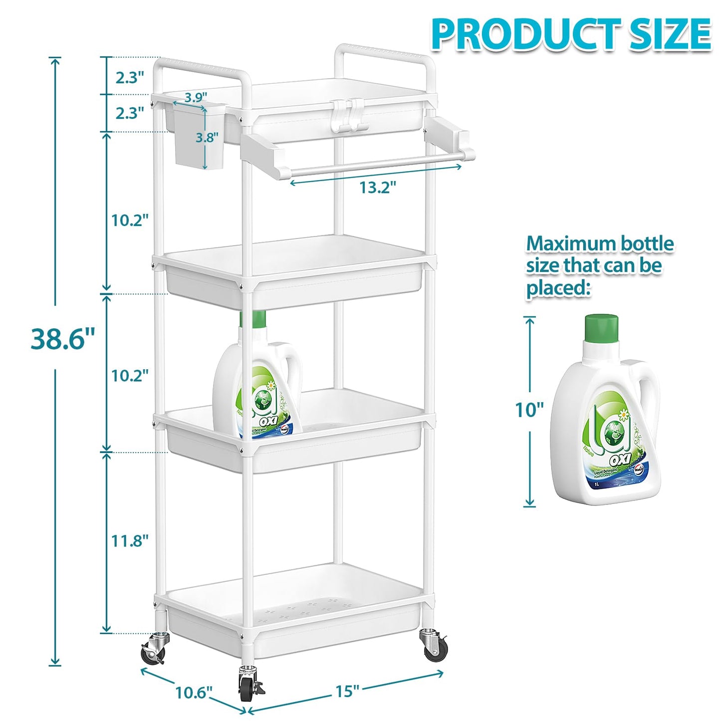 SPACEKEEPER Rolling Storage Cart, 3 Tier Utility Cart Laundry Room Organization Mobile Shelving Unit Bathroom Organizer with Towel Rack, Lockable Wheel, Hooks & Cup for Kitchen Office, Black