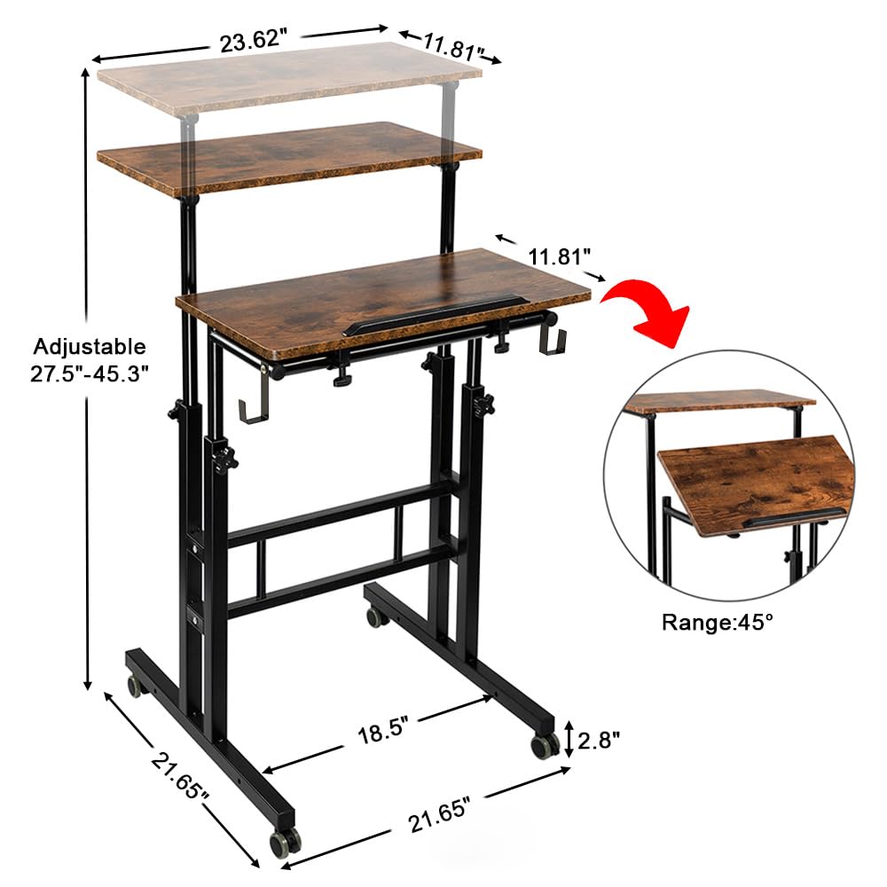 SIDUCAL Mobile Standing Desk, Portable Stand Up Desk, Small Adjustable Standing Desk Converter with Wheels Home Office Workstation, Rolling Desk Laptop Cart for Standing or Sitting, Black