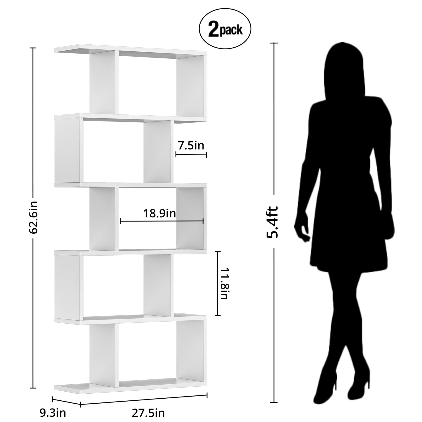 Black 5-Tier Geometric Bookcase, S-Shaped Modern Bookshelf Set of 2, 62.6" Tall Room Divider Book Shelf, Decorative Display Shelf