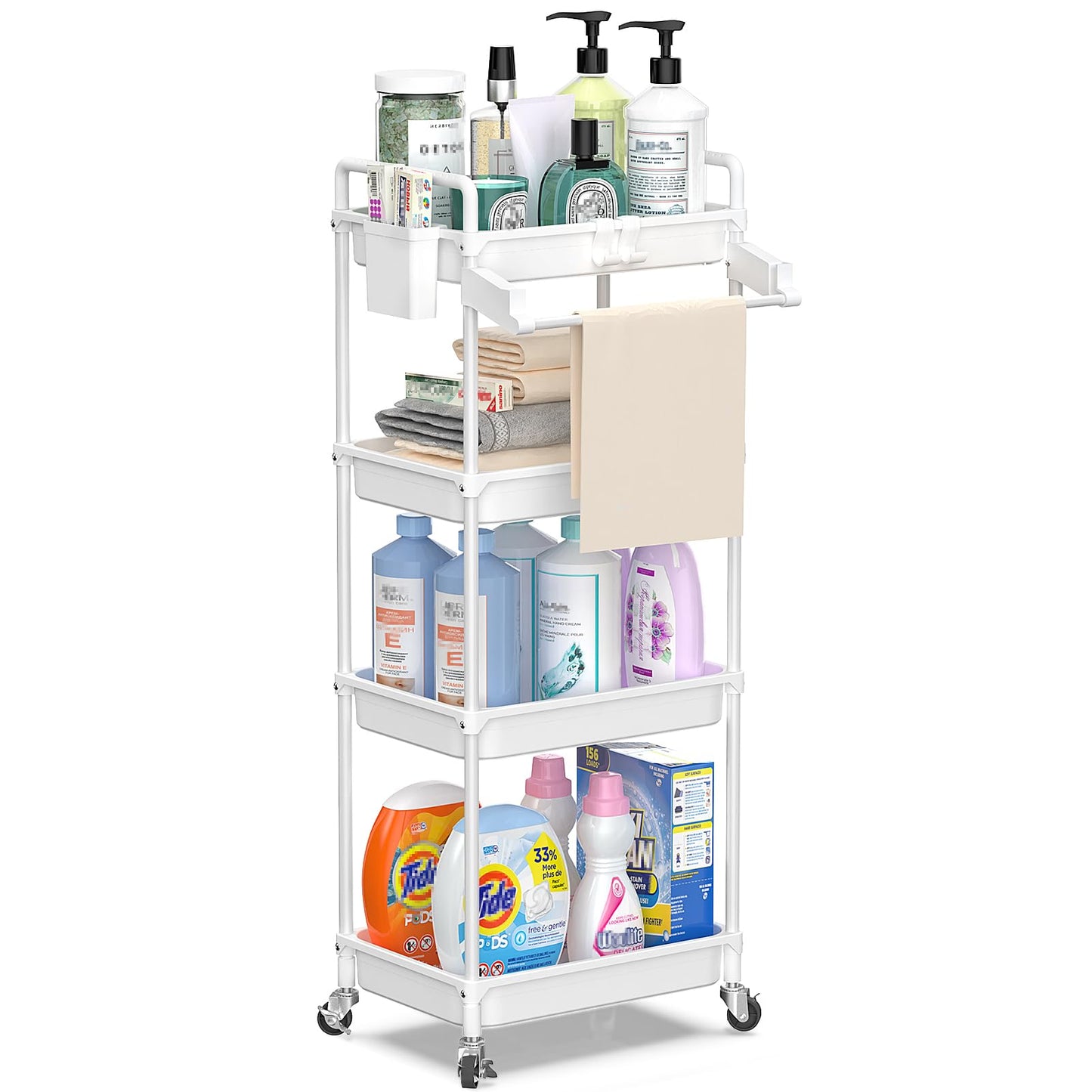 SPACEKEEPER Rolling Storage Cart, 3 Tier Utility Cart Laundry Room Organization Mobile Shelving Unit Bathroom Organizer with Towel Rack, Lockable Wheel, Hooks & Cup for Kitchen Office, Black