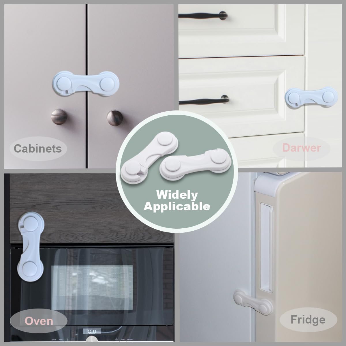 Cabinet Door Locks for Baby Proof and Child Safety, 4 Pack Cabinet Locks with Adhesive for Drawer Cupboards Fridge Closet and Pantry, Childproof Door Latch for Protecting Kids (White-4PCS)