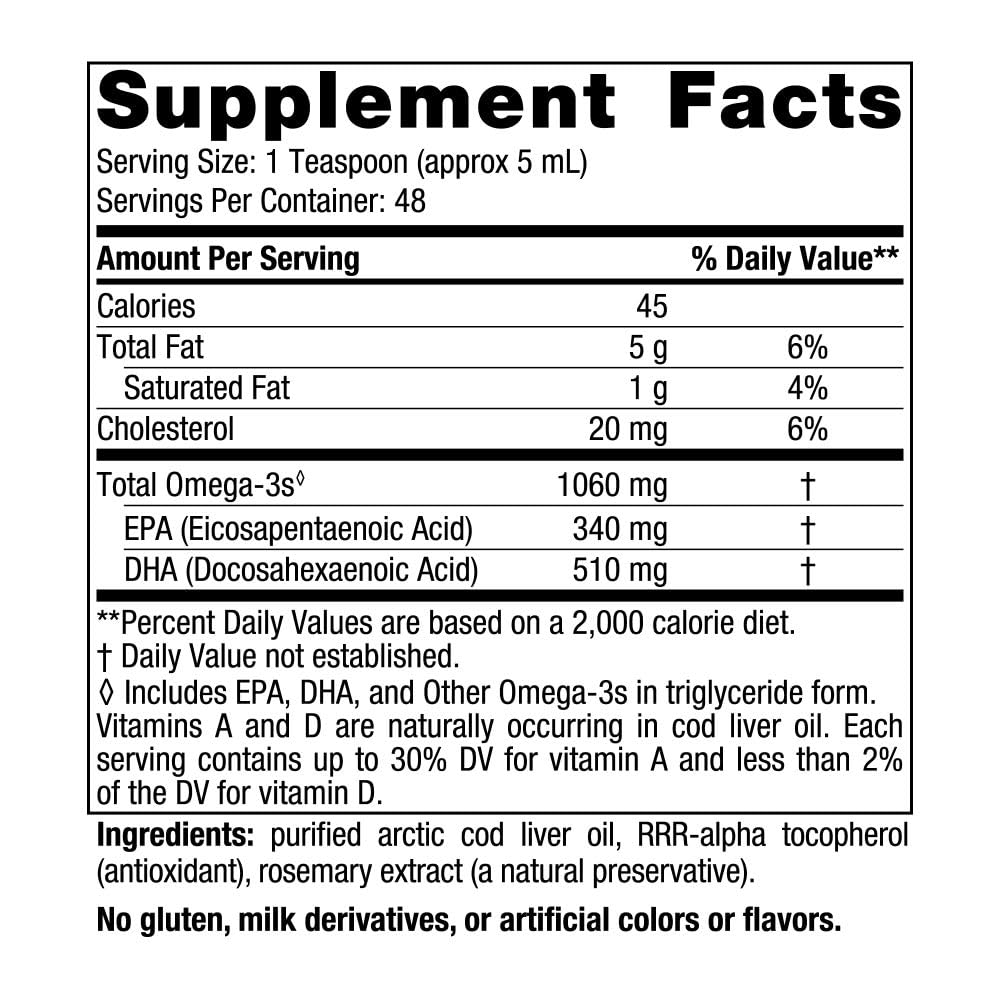 Nordic Naturals Arctic Cod Liver Oil, Orange - 16 oz - 1060 mg Total Omega-3s with EPA & DHA - Heart & Brain Health, Healthy Immunity, Overall Wellness - Non-GMO - 96 Servings
