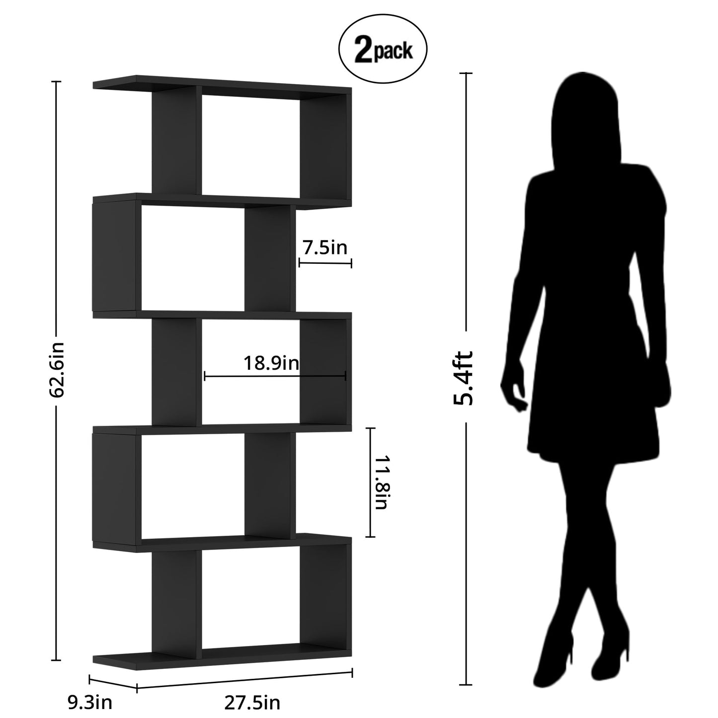 Black 5-Tier Geometric Bookcase, S-Shaped Modern Bookshelf Set of 2, 62.6" Tall Room Divider Book Shelf, Decorative Display Shelf