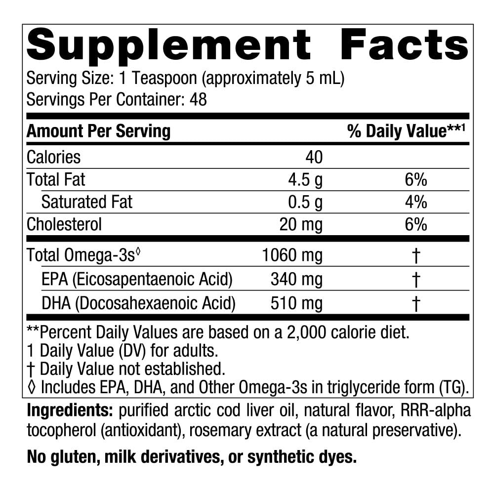 Nordic Naturals Arctic Cod Liver Oil, Orange - 16 oz - 1060 mg Total Omega-3s with EPA & DHA - Heart & Brain Health, Healthy Immunity, Overall Wellness - Non-GMO - 96 Servings