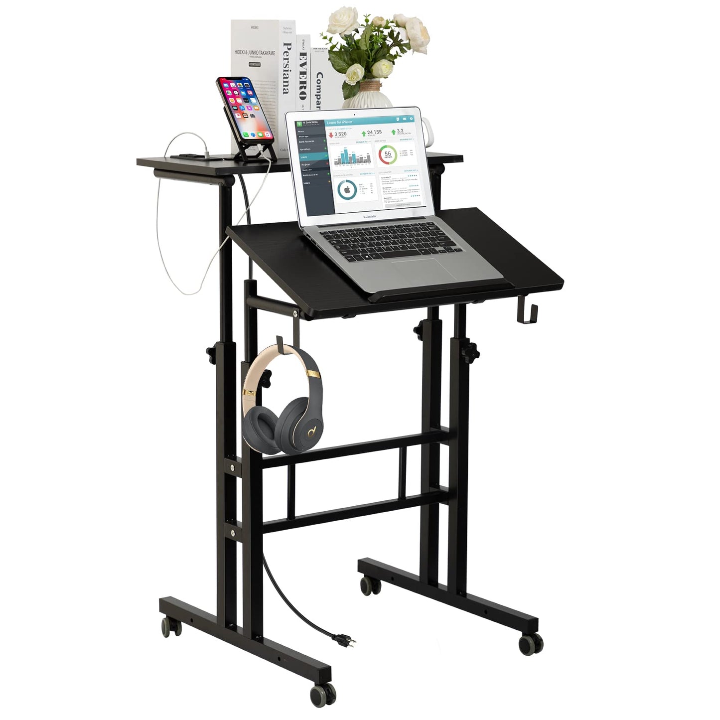 SIDUCAL Mobile Standing Desk, Portable Stand Up Desk, Small Adjustable Standing Desk Converter with Wheels Home Office Workstation, Rolling Desk Laptop Cart for Standing or Sitting, Black