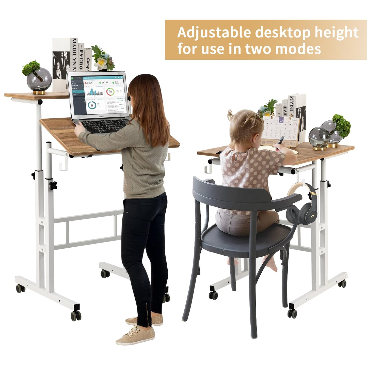 SIDUCAL Mobile Standing Desk, Portable Stand Up Desk, Small Adjustable Standing Desk Converter with Wheels Home Office Workstation, Rolling Desk Laptop Cart for Standing or Sitting, Black