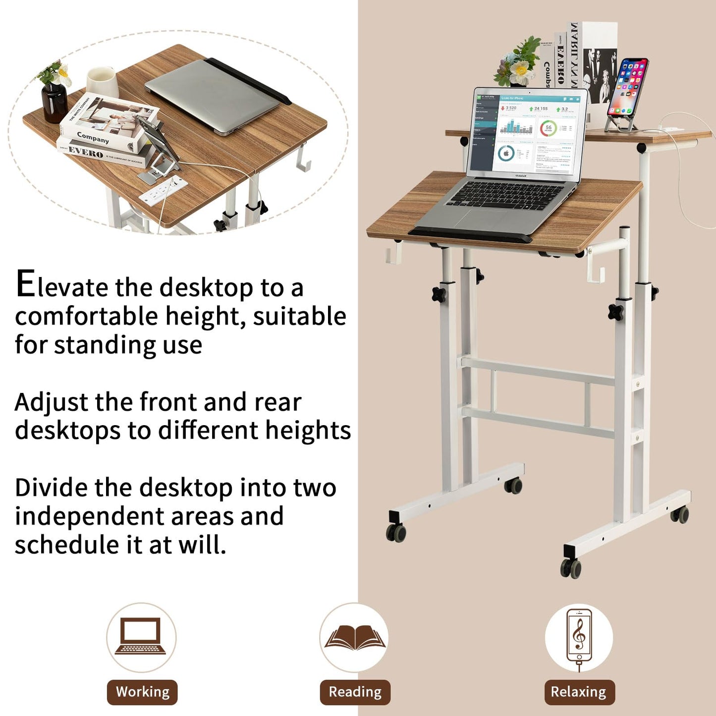 SIDUCAL Mobile Standing Desk, Portable Stand Up Desk, Small Adjustable Standing Desk Converter with Wheels Home Office Workstation, Rolling Desk Laptop Cart for Standing or Sitting, Black