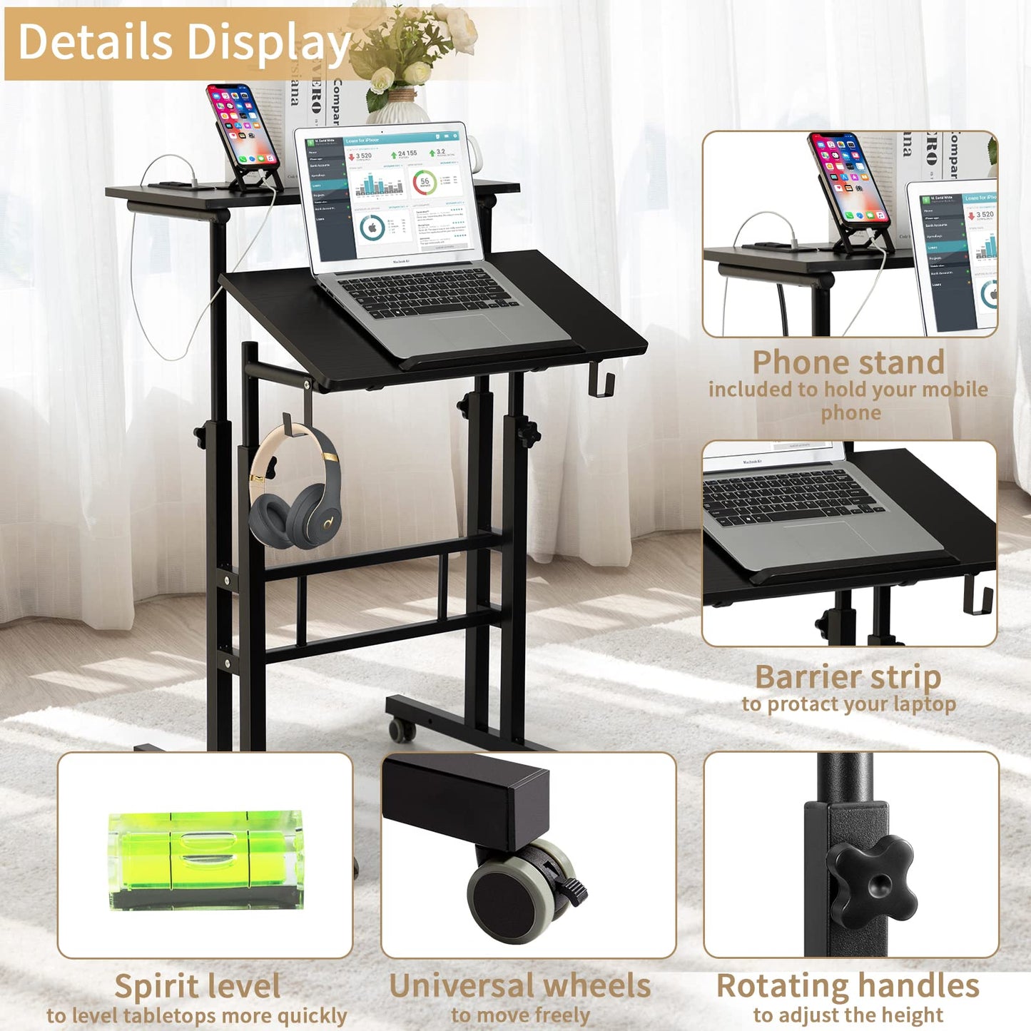 SIDUCAL Mobile Standing Desk, Portable Stand Up Desk, Small Adjustable Standing Desk Converter with Wheels Home Office Workstation, Rolling Desk Laptop Cart for Standing or Sitting, Black