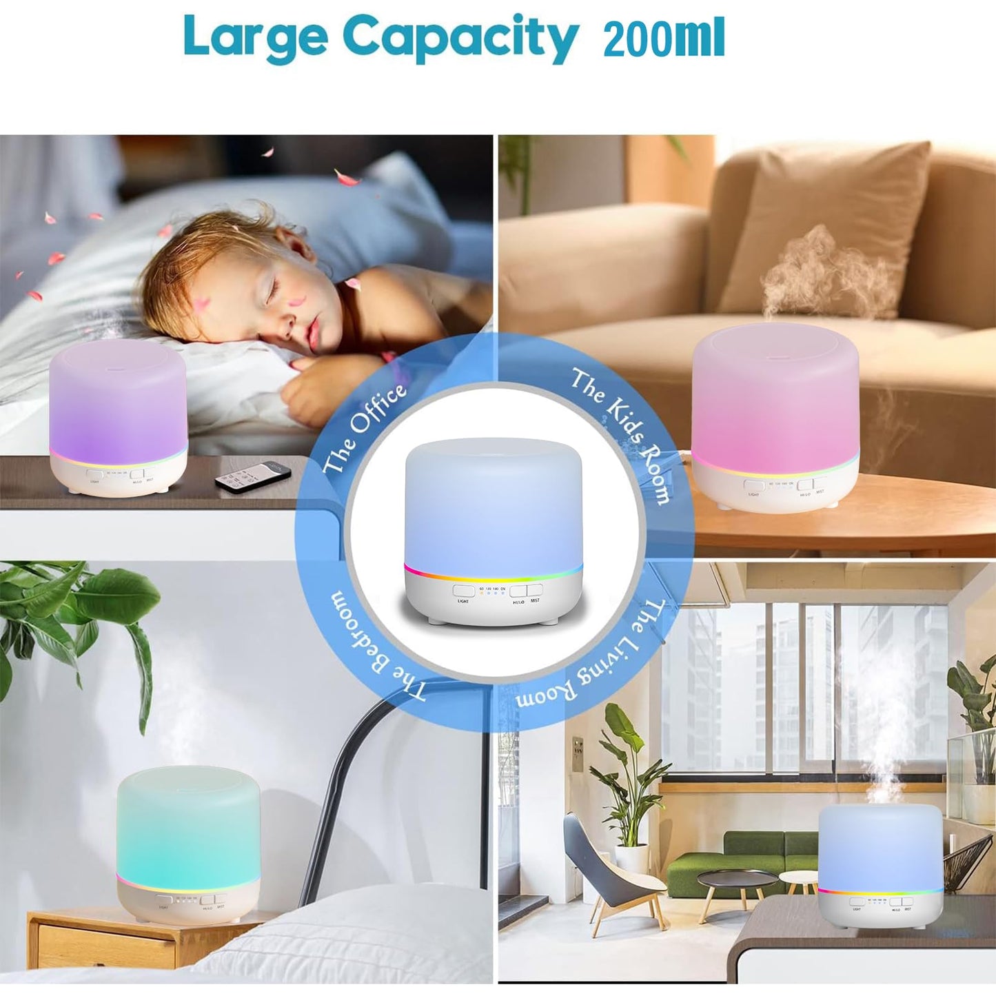 Aroma Diffusers 200ml Colorful Essential Oil Diffuser with Adjustable Mist Mode,Auto Off Aroma Diffuser for Bedroom/Office/Trip
