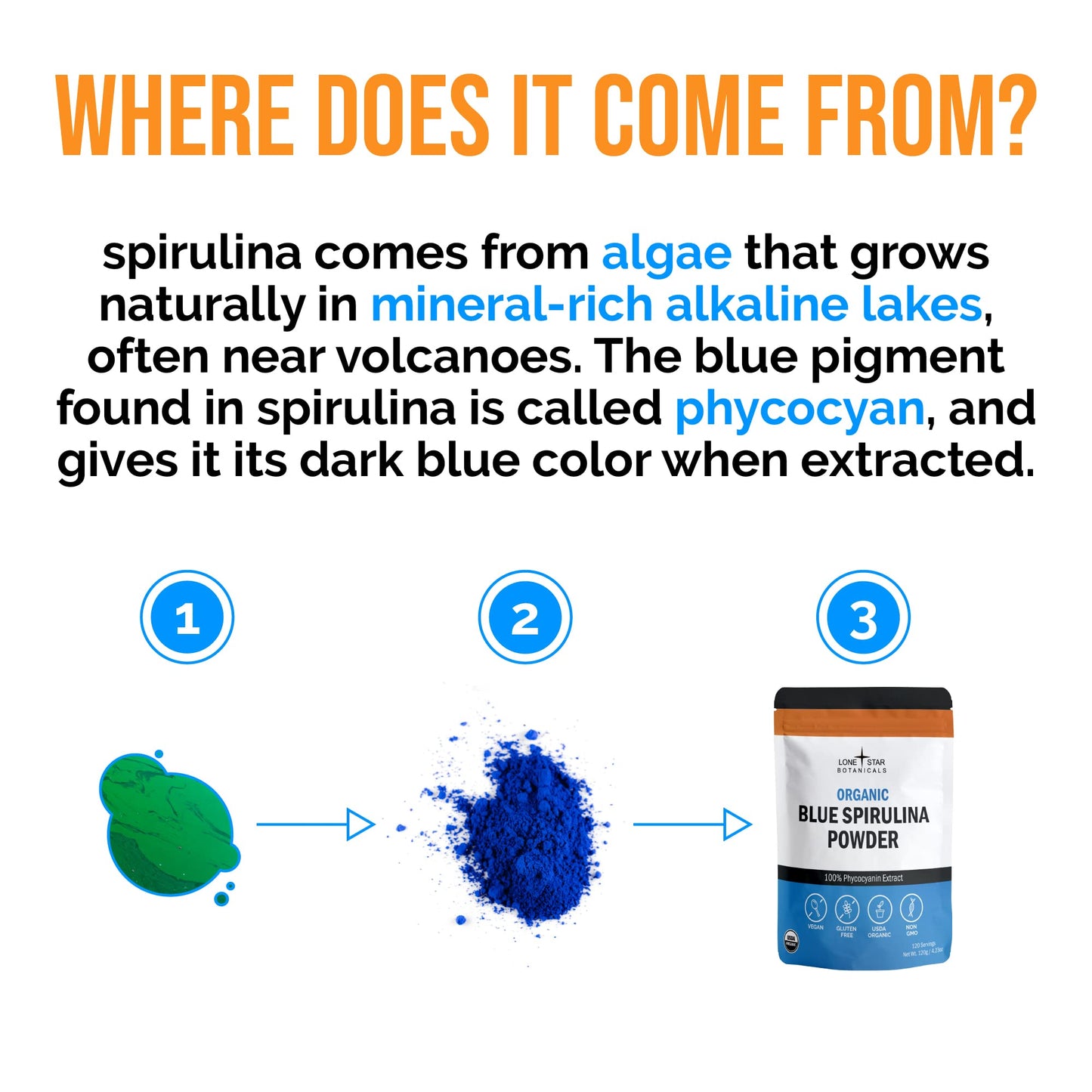 Organic Blue Spirulina Powder - 100% Pure Superfood, Blue-Green Algae, No Fishy Smell, Natural Food Coloring for Smoothies & Protein Drinks - Non GMO, Gluten-Free, Vegan + USDA Certified, 30 Servings