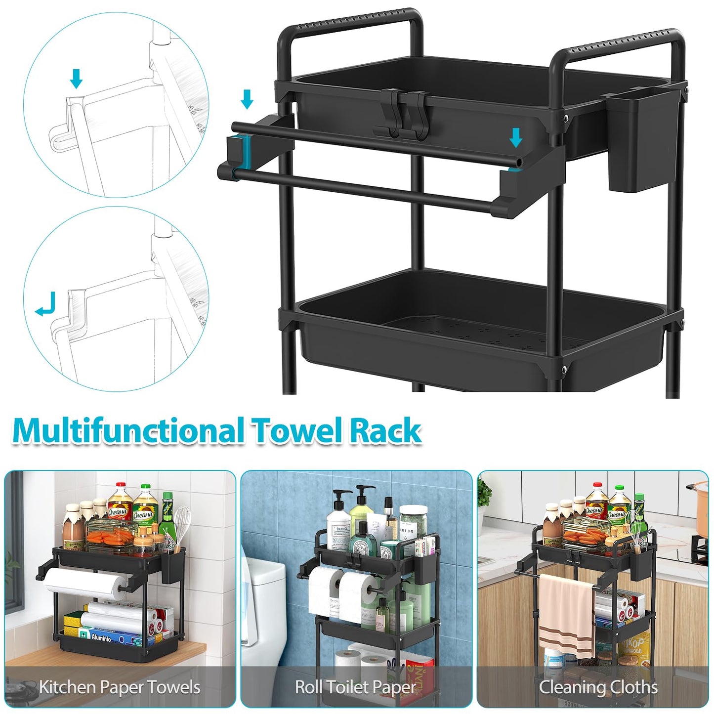 SPACEKEEPER Rolling Storage Cart, 3 Tier Utility Cart Laundry Room Organization Mobile Shelving Unit Bathroom Organizer with Towel Rack, Lockable Wheel, Hooks & Cup for Kitchen Office, Black