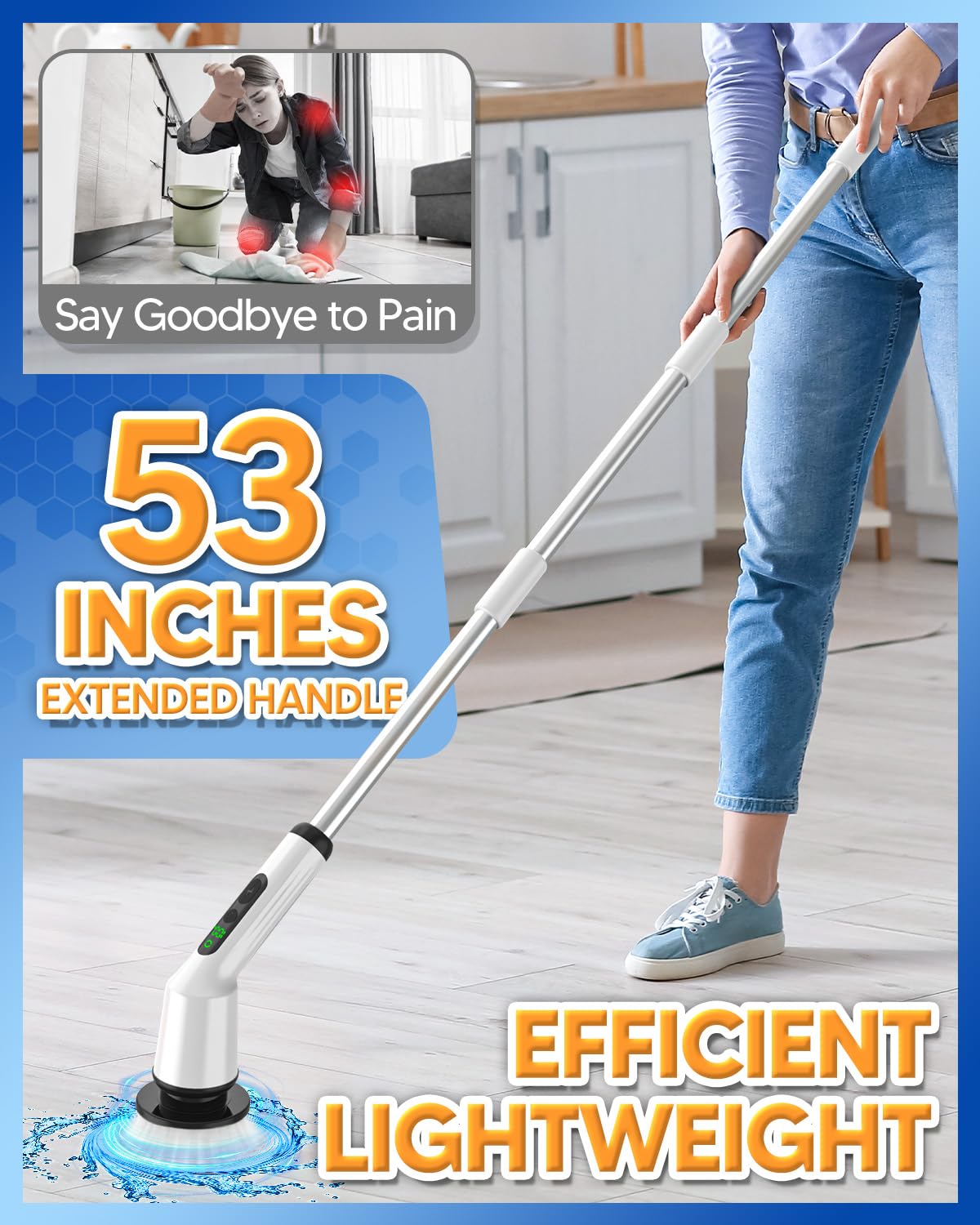 Electric Spin Scrubber, Upgraded Bathroom Cleaning Brush IPX7 Waterproof with 2 Speeds(Up to 500 RPM), 3 Replaceable Brush Heads & 53’’ Adjustable Handle Perfect for Bathroom, Tub, Tile, and Floor
