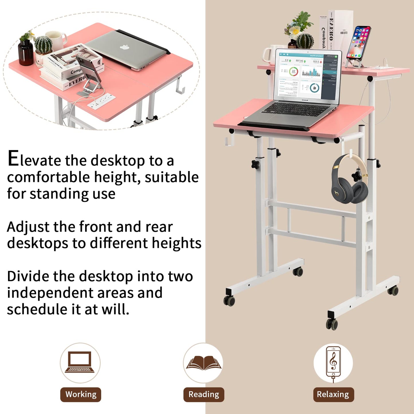 SIDUCAL Mobile Standing Desk, Portable Stand Up Desk, Small Adjustable Standing Desk Converter with Wheels Home Office Workstation, Rolling Desk Laptop Cart for Standing or Sitting, Black