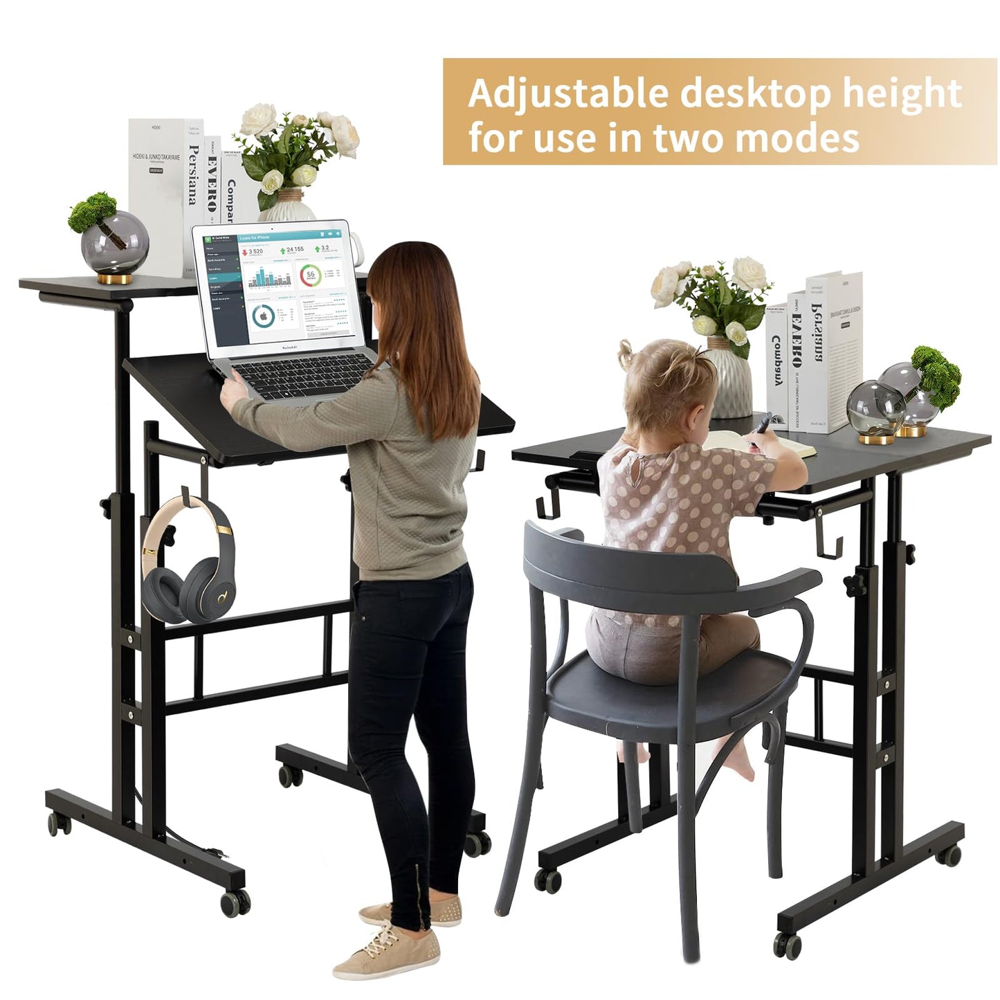 SIDUCAL Mobile Standing Desk, Portable Stand Up Desk, Small Adjustable Standing Desk Converter with Wheels Home Office Workstation, Rolling Desk Laptop Cart for Standing or Sitting, Black