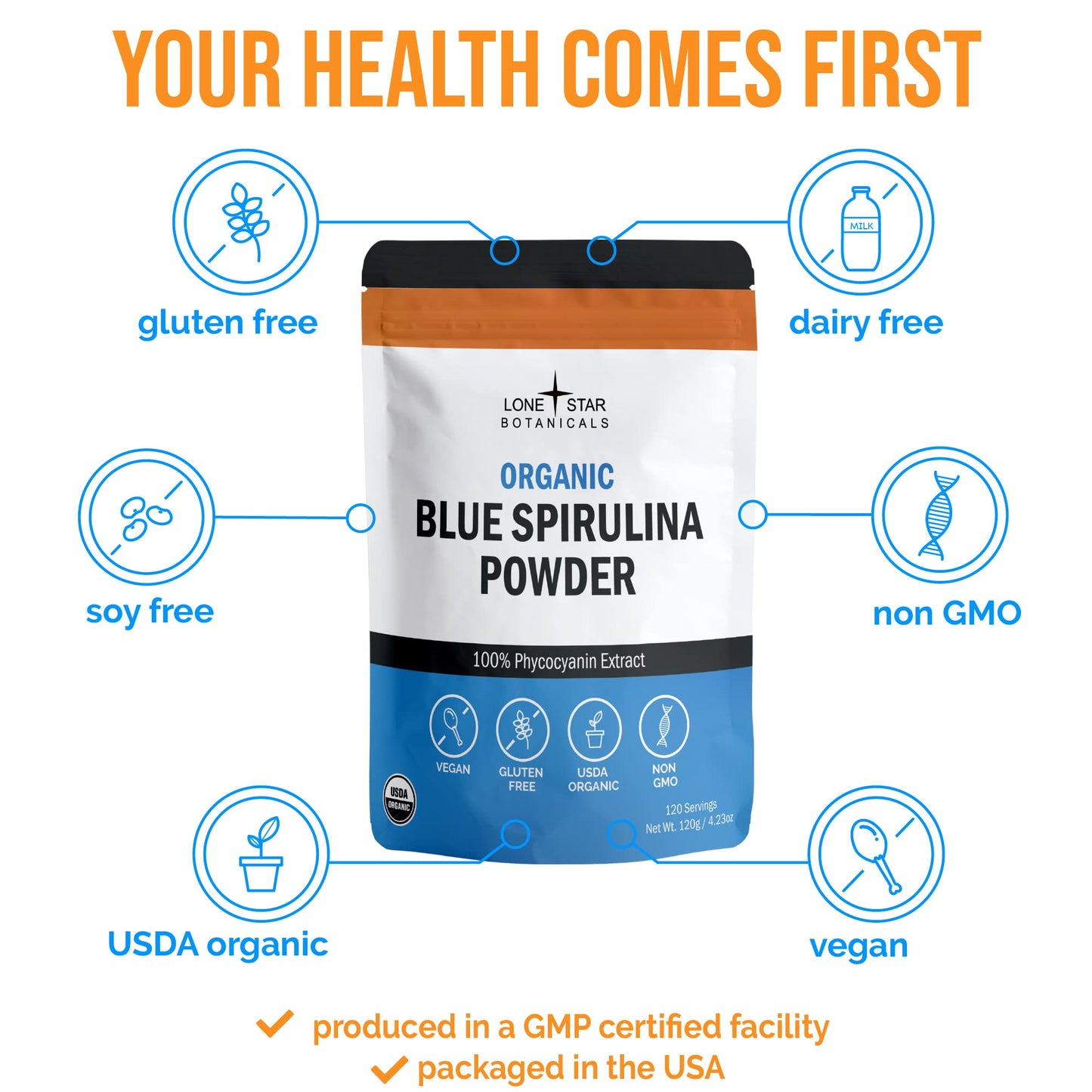 Organic Blue Spirulina Powder - 100% Pure Superfood, Blue-Green Algae, No Fishy Smell, Natural Food Coloring for Smoothies & Protein Drinks - Non GMO, Gluten-Free, Vegan + USDA Certified, 30 Servings