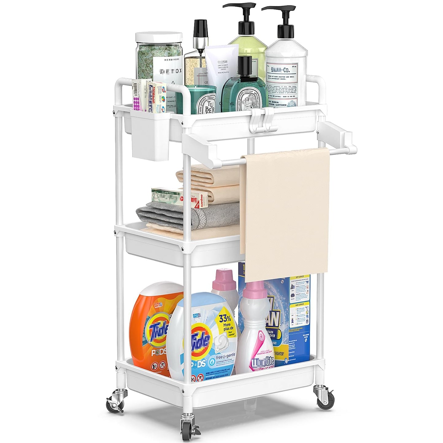 SPACEKEEPER Rolling Storage Cart, 3 Tier Utility Cart Laundry Room Organization Mobile Shelving Unit Bathroom Organizer with Towel Rack, Lockable Wheel, Hooks & Cup for Kitchen Office, Black