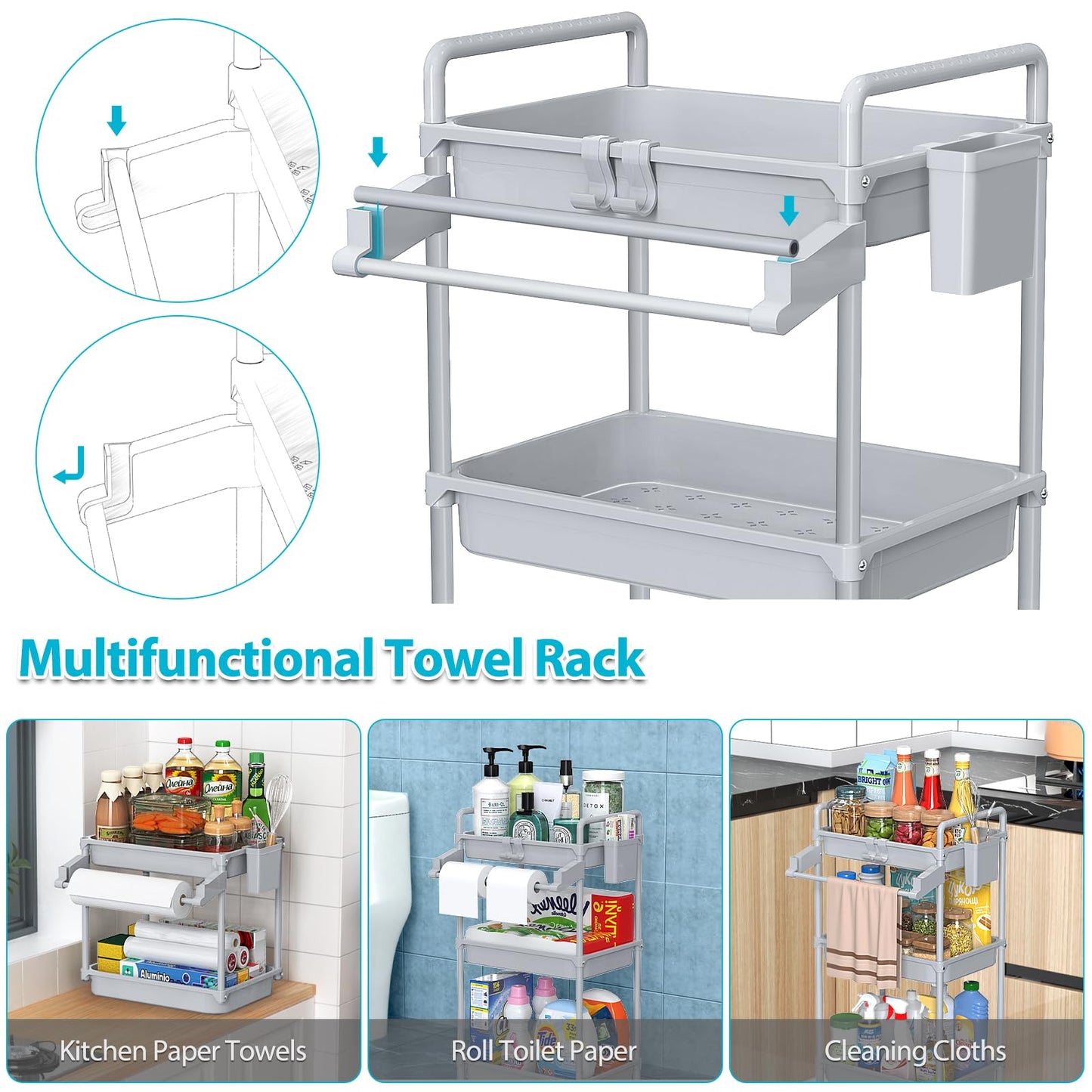 SPACEKEEPER Rolling Storage Cart, 3 Tier Utility Cart Laundry Room Organization Mobile Shelving Unit Bathroom Organizer with Towel Rack, Lockable Wheel, Hooks & Cup for Kitchen Office, Black