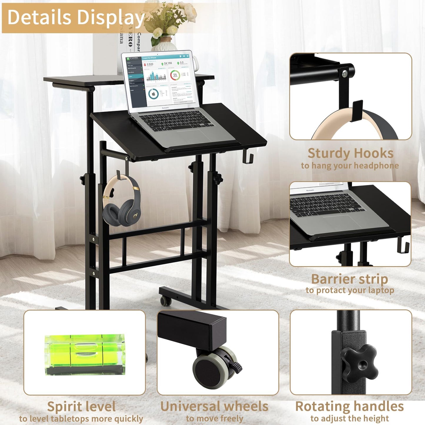 SIDUCAL Mobile Standing Desk, Portable Stand Up Desk, Small Adjustable Standing Desk Converter with Wheels Home Office Workstation, Rolling Desk Laptop Cart for Standing or Sitting, Black