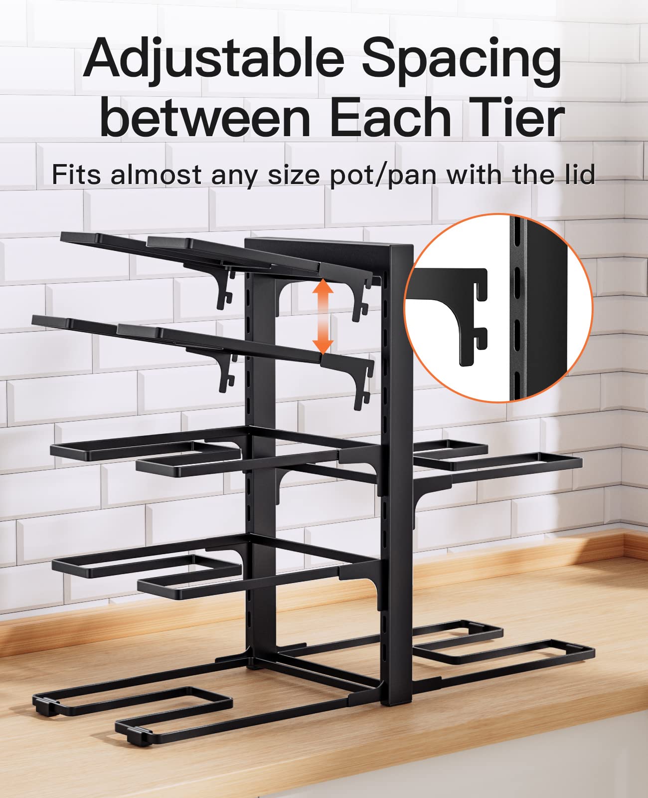 ORDORA 8 Tier Pot and Pan Organizer Rack for Cabinet With 3 DIY Methods, Adjustable Organizer for Pots, Pans and Lids