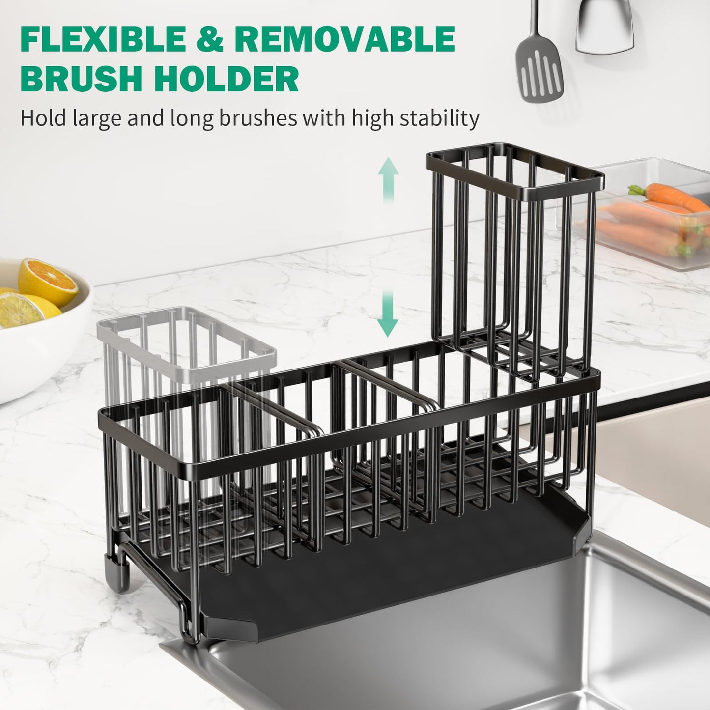 TomCare Sponge Holder for Kitchen Sink Extra Large Sink Caddy with Drain Tray Brush Holder Rustproof Kitchen Sink Organizer with 2 Adjustable Dividers Durable Kitchen Storage Accessories for Counter