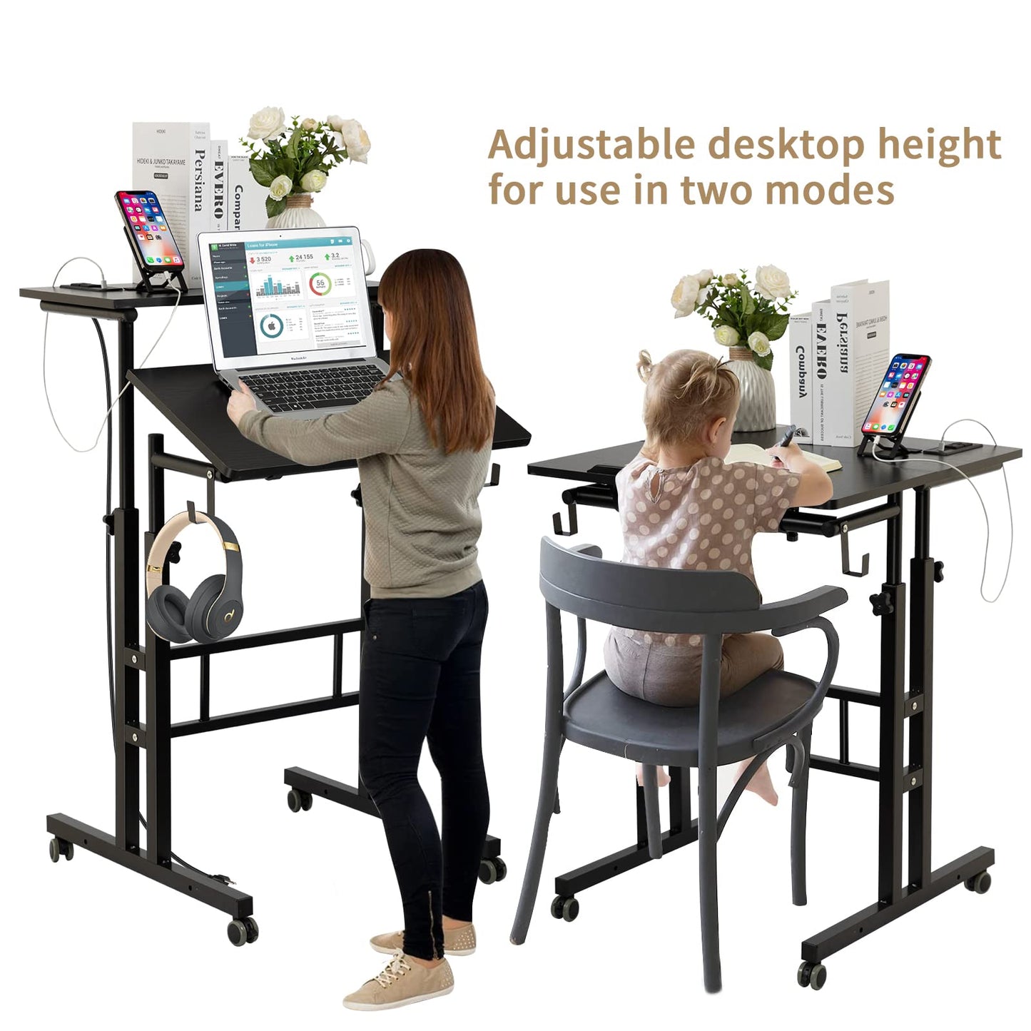 SIDUCAL Mobile Standing Desk, Portable Stand Up Desk, Small Adjustable Standing Desk Converter with Wheels Home Office Workstation, Rolling Desk Laptop Cart for Standing or Sitting, Black
