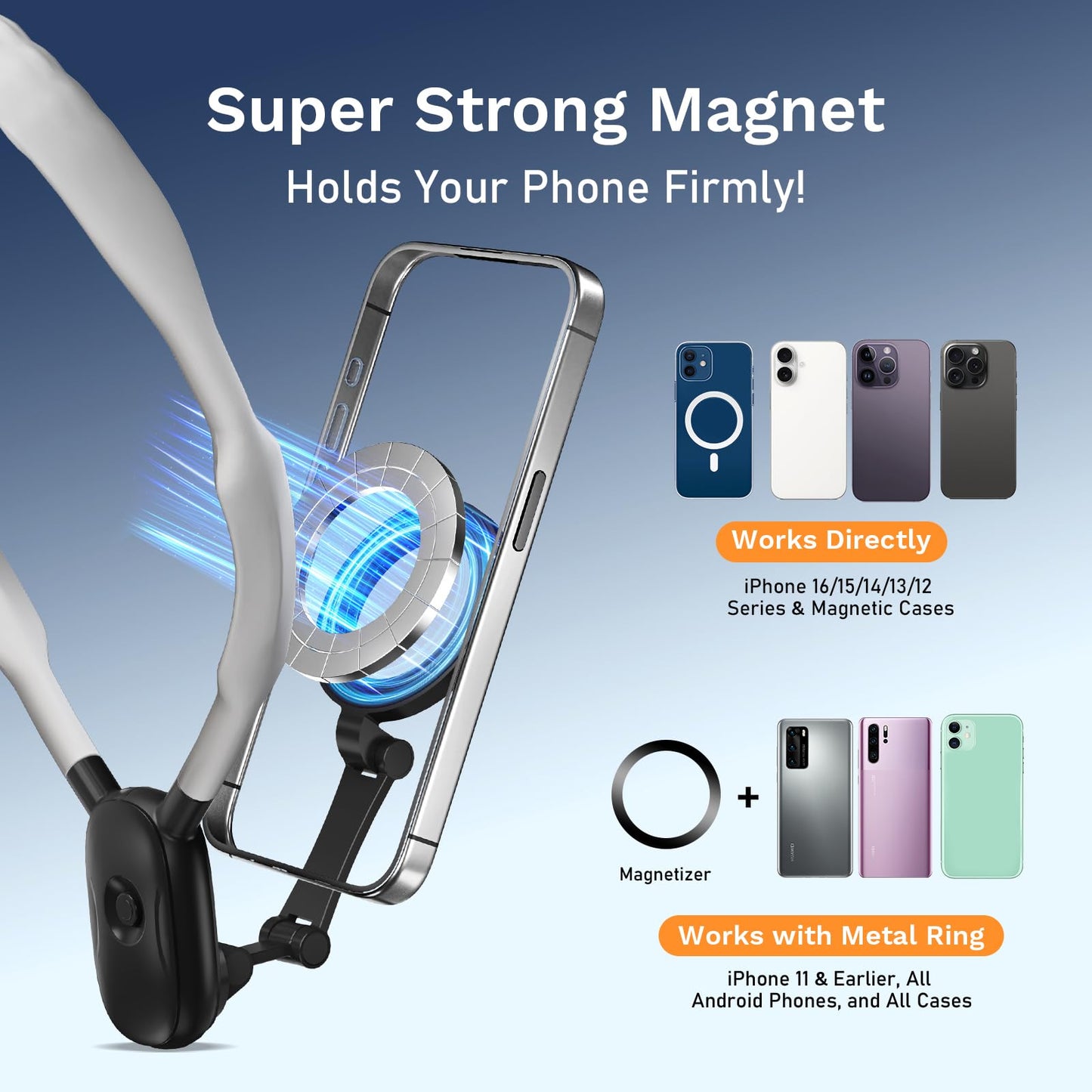 Neck Phone Holder for Recording, 700mm Extended for Comfort, Hands-Free POV/Vlog Magnetic Neck Mount with Anti-Shake Chest Strap, Content Creator Essential, Compatible with iPhone, Android, GoPro