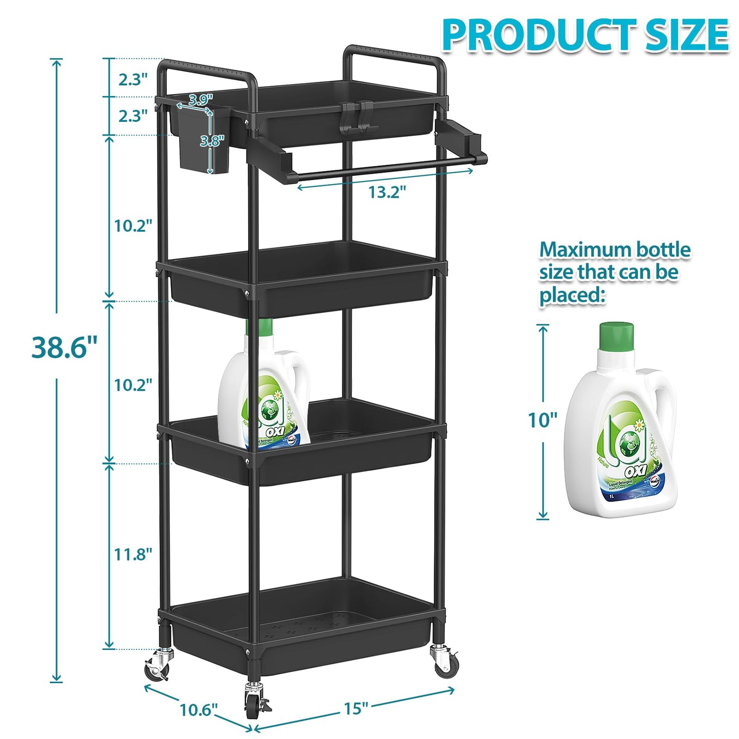 SPACEKEEPER Rolling Storage Cart, 3 Tier Utility Cart Laundry Room Organization Mobile Shelving Unit Bathroom Organizer with Towel Rack, Lockable Wheel, Hooks & Cup for Kitchen Office, Black