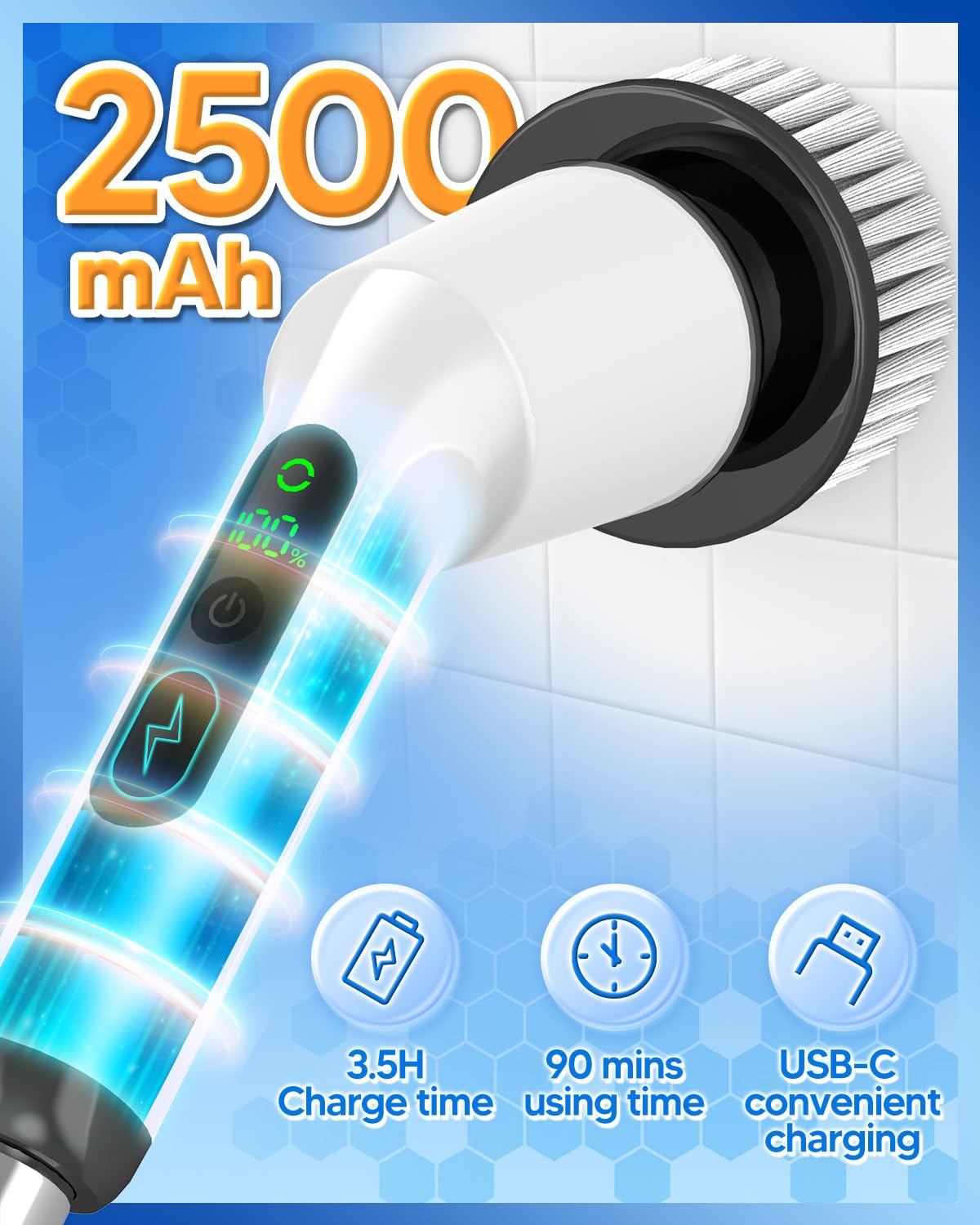 Electric Spin Scrubber, Upgraded Bathroom Cleaning Brush IPX7 Waterproof with 2 Speeds(Up to 500 RPM), 3 Replaceable Brush Heads & 53’’ Adjustable Handle Perfect for Bathroom, Tub, Tile, and Floor