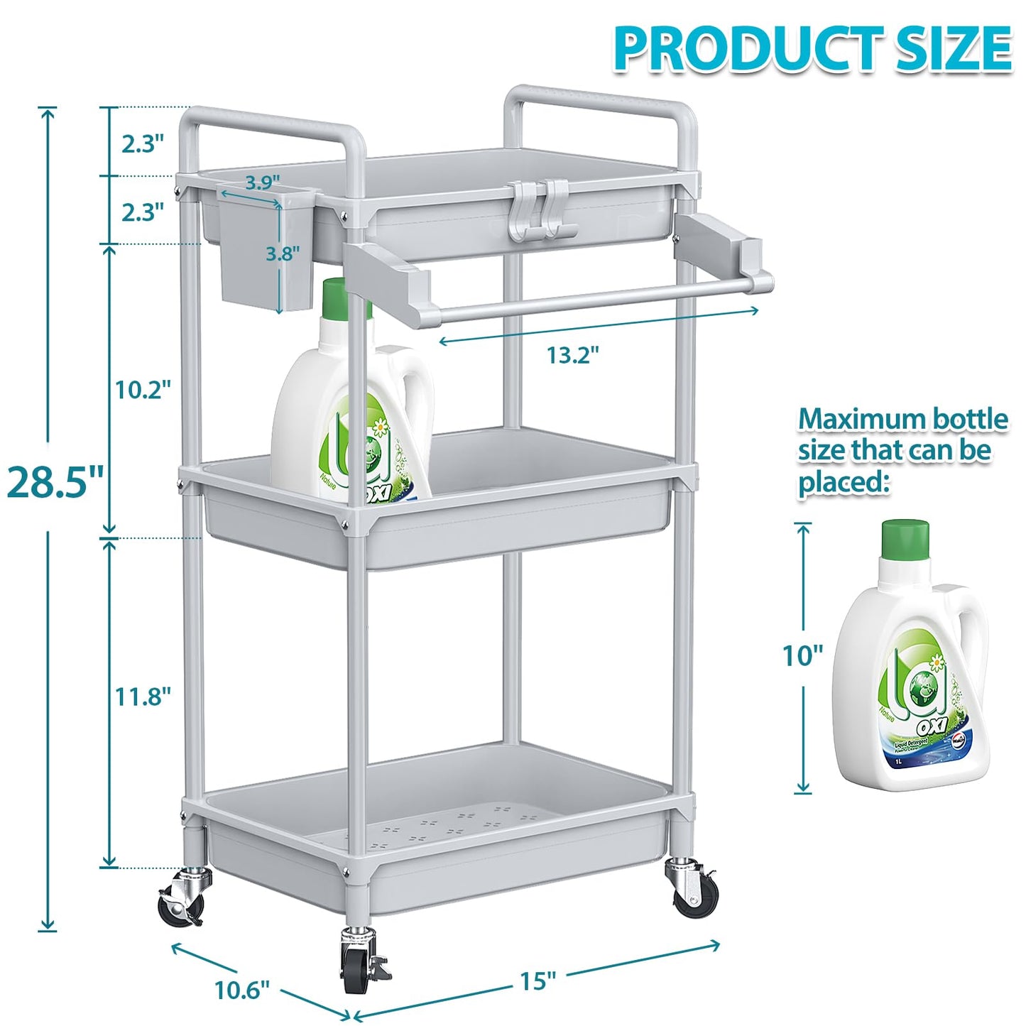 SPACEKEEPER Rolling Storage Cart, 3 Tier Utility Cart Laundry Room Organization Mobile Shelving Unit Bathroom Organizer with Towel Rack, Lockable Wheel, Hooks & Cup for Kitchen Office, Black