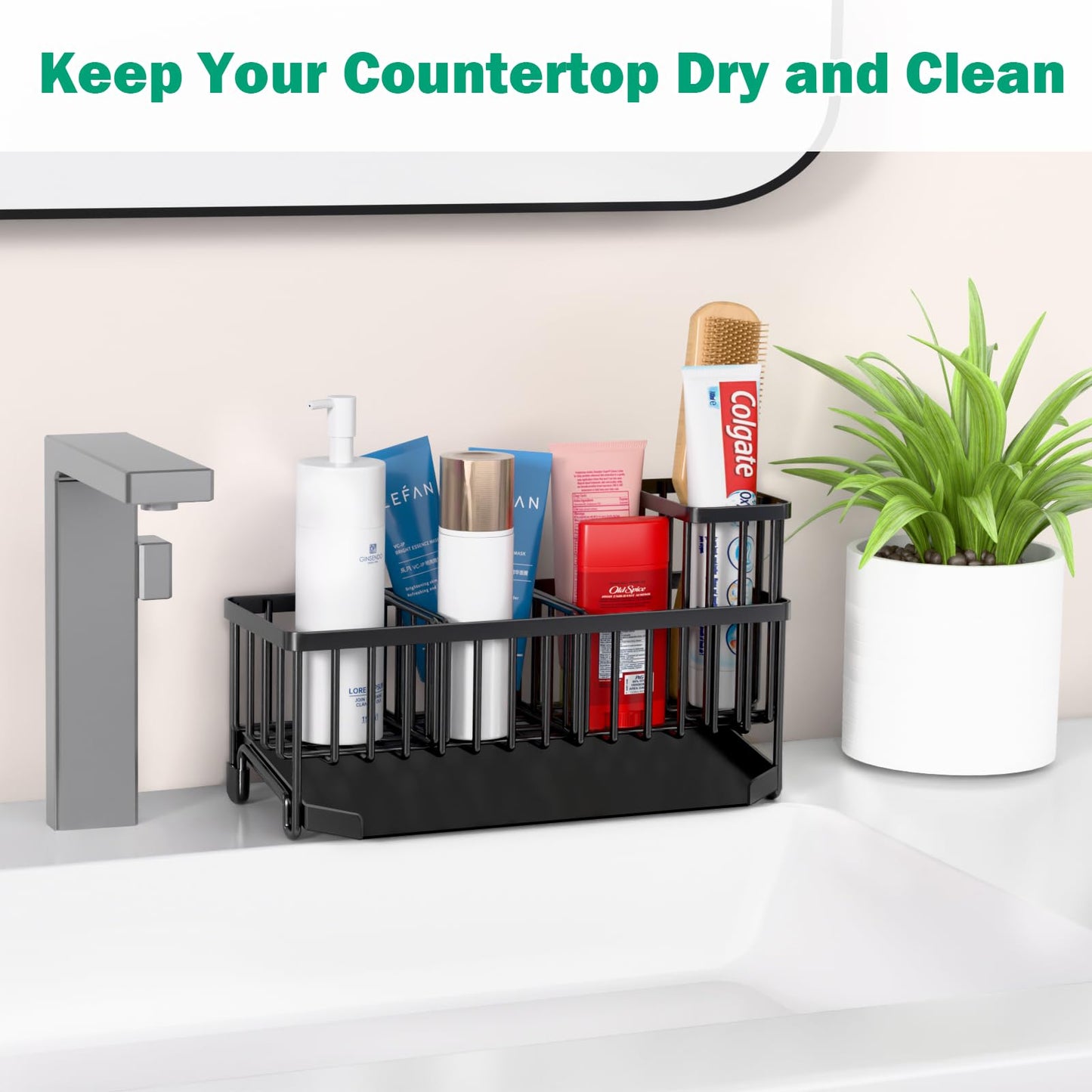 TomCare Sponge Holder for Kitchen Sink Extra Large Sink Caddy with Drain Tray Brush Holder Rustproof Kitchen Sink Organizer with 2 Adjustable Dividers Durable Kitchen Storage Accessories for Counter