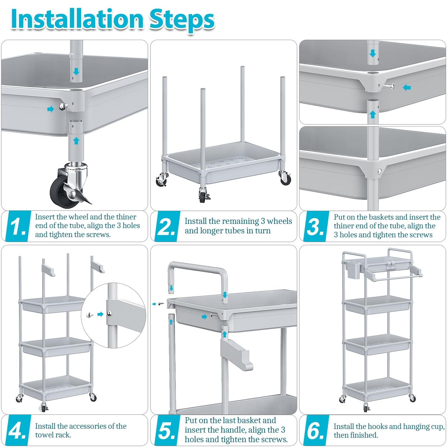 SPACEKEEPER Rolling Storage Cart, 3 Tier Utility Cart Laundry Room Organization Mobile Shelving Unit Bathroom Organizer with Towel Rack, Lockable Wheel, Hooks & Cup for Kitchen Office, Black