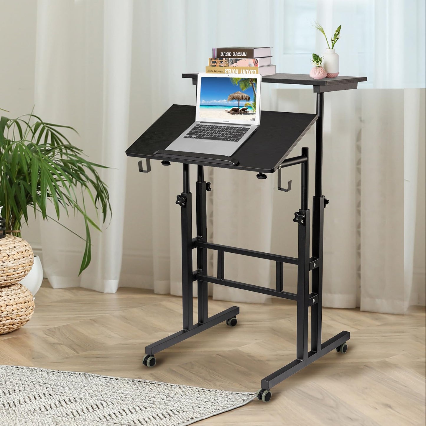 SIDUCAL Mobile Standing Desk, Portable Stand Up Desk, Small Adjustable Standing Desk Converter with Wheels Home Office Workstation, Rolling Desk Laptop Cart for Standing or Sitting, Black