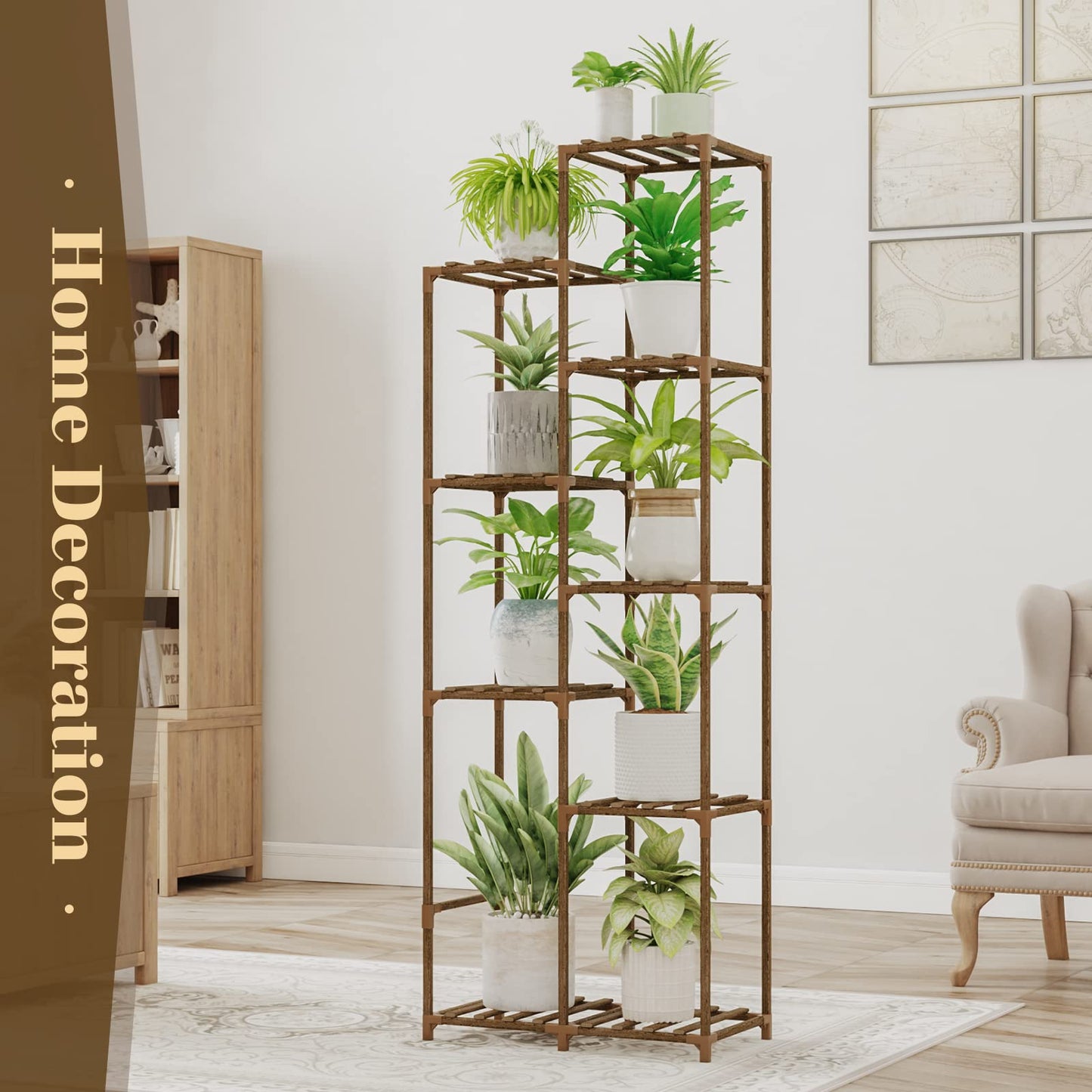 Bamworld Plant Stand with Wheels for Indoor Plants Wood Outdoor Tiered Shelf 3 Tire 7 Potted Ladder Plant Holder Table Pot Stand for Window Garden Balcony Patio Living Room (natureDL)