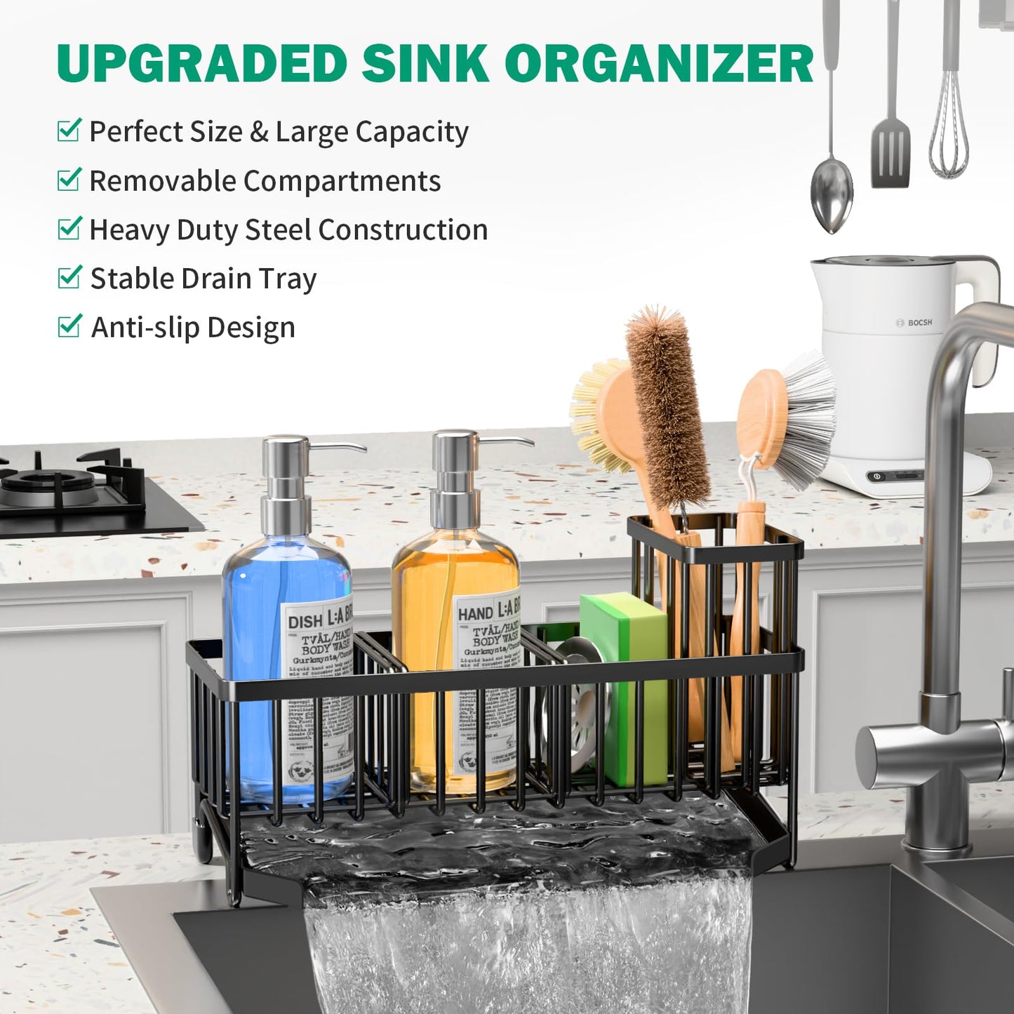 TomCare Sponge Holder for Kitchen Sink Extra Large Sink Caddy with Drain Tray Brush Holder Rustproof Kitchen Sink Organizer with 2 Adjustable Dividers Durable Kitchen Storage Accessories for Counter