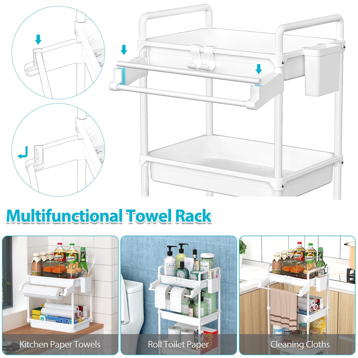 SPACEKEEPER Rolling Storage Cart, 3 Tier Utility Cart Laundry Room Organization Mobile Shelving Unit Bathroom Organizer with Towel Rack, Lockable Wheel, Hooks & Cup for Kitchen Office, Black