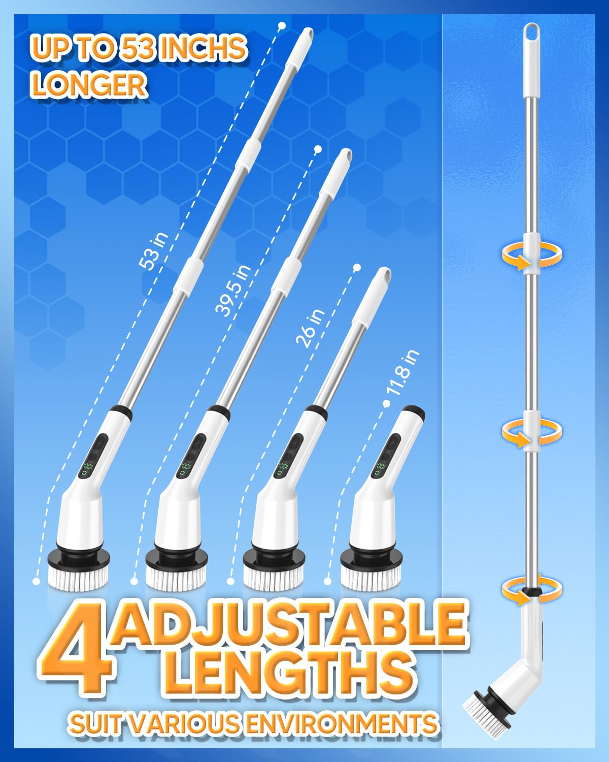 Electric Spin Scrubber, Upgraded Bathroom Cleaning Brush IPX7 Waterproof with 2 Speeds(Up to 500 RPM), 3 Replaceable Brush Heads & 53’’ Adjustable Handle Perfect for Bathroom, Tub, Tile, and Floor