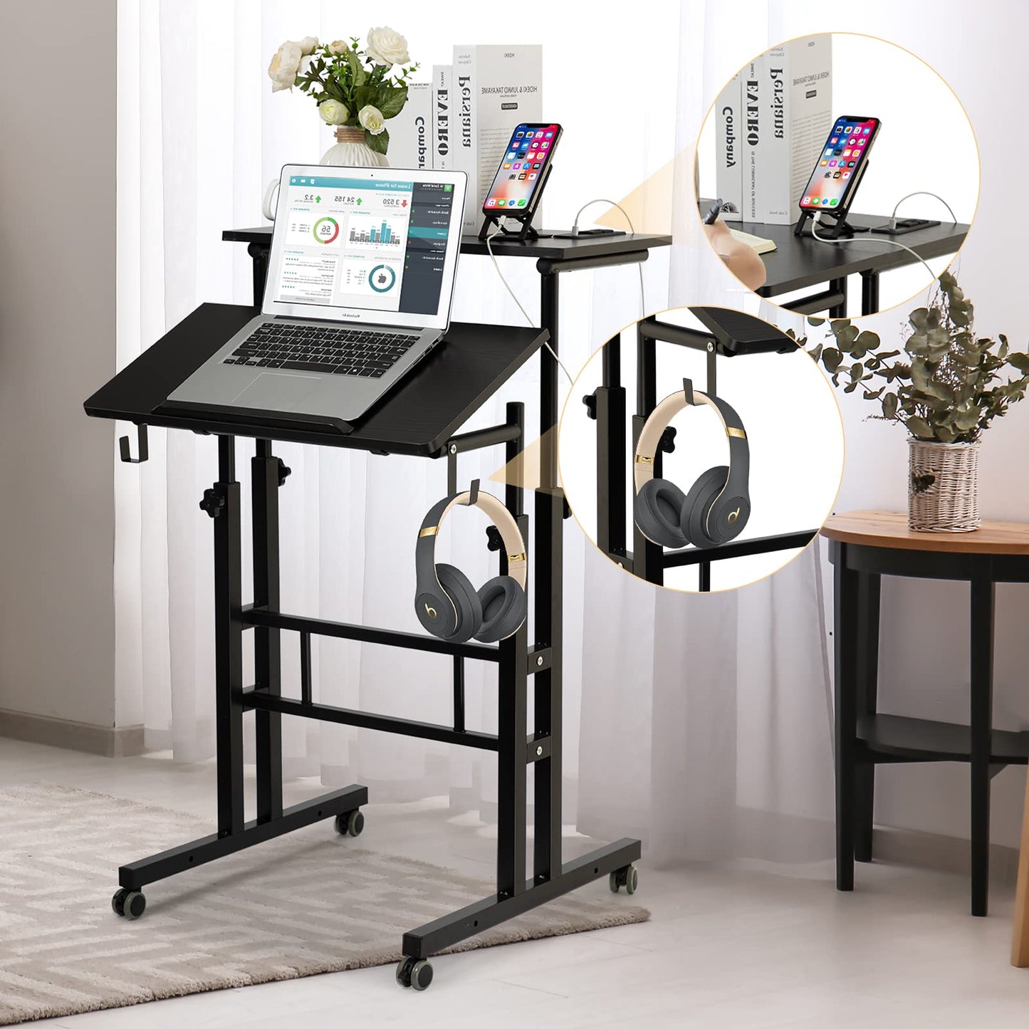 SIDUCAL Mobile Standing Desk, Portable Stand Up Desk, Small Adjustable Standing Desk Converter with Wheels Home Office Workstation, Rolling Desk Laptop Cart for Standing or Sitting, Black