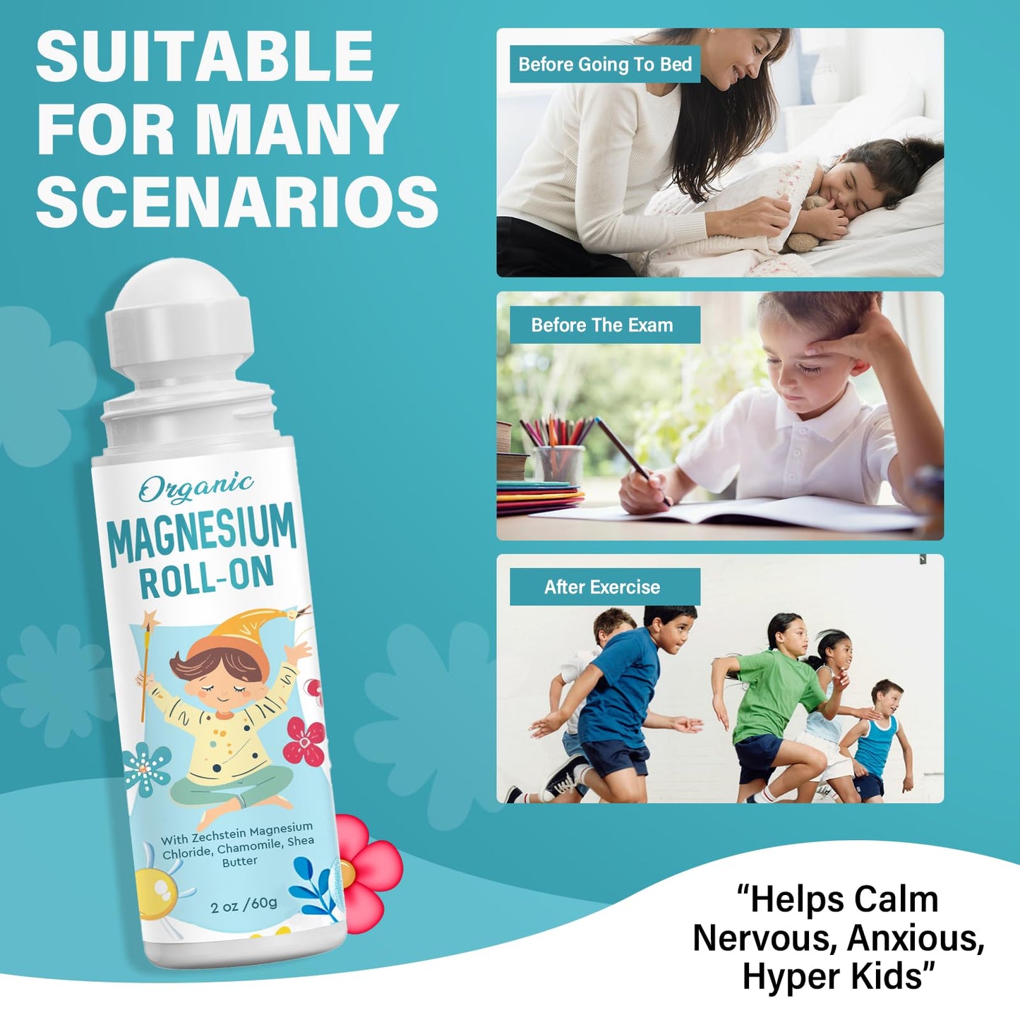 Magnesium Lotion for Kids Sleep & Calm, Magnesium Cream Roll-on Applicator to Help Children Calm & Sleep, Relaxation Formula for Balanced Mood, Bedtime & Sleep for Children