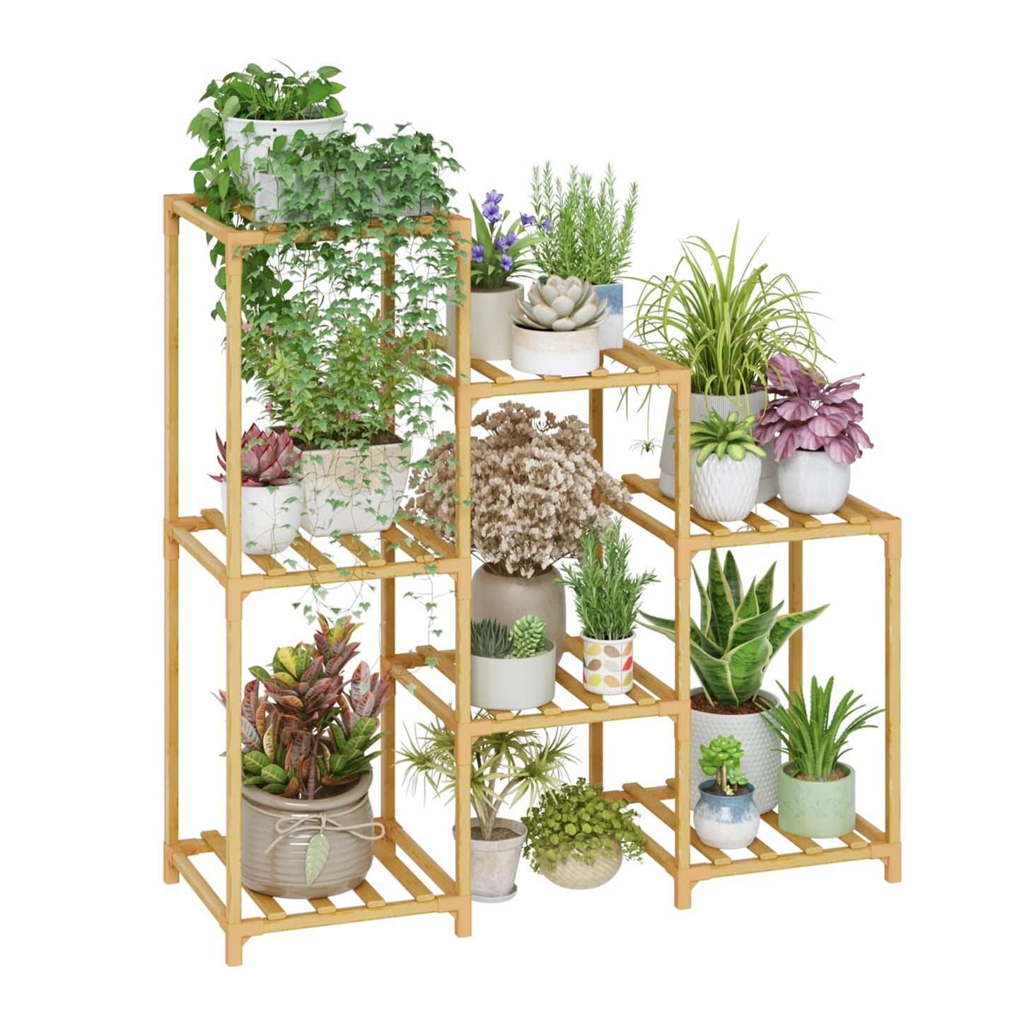 Bamworld Plant Stand with Wheels for Indoor Plants Wood Outdoor Tiered Shelf 3 Tire 7 Potted Ladder Plant Holder Table Pot Stand for Window Garden Balcony Patio Living Room (natureDL)