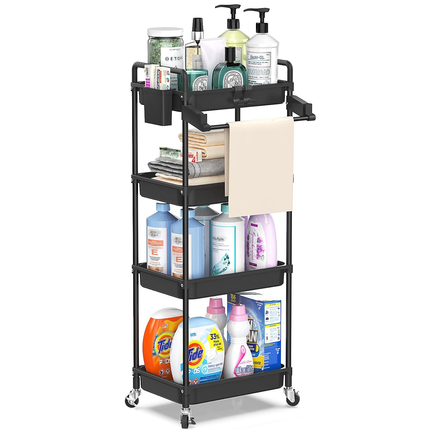 SPACEKEEPER Rolling Storage Cart, 3 Tier Utility Cart Laundry Room Organization Mobile Shelving Unit Bathroom Organizer with Towel Rack, Lockable Wheel, Hooks & Cup for Kitchen Office, Black