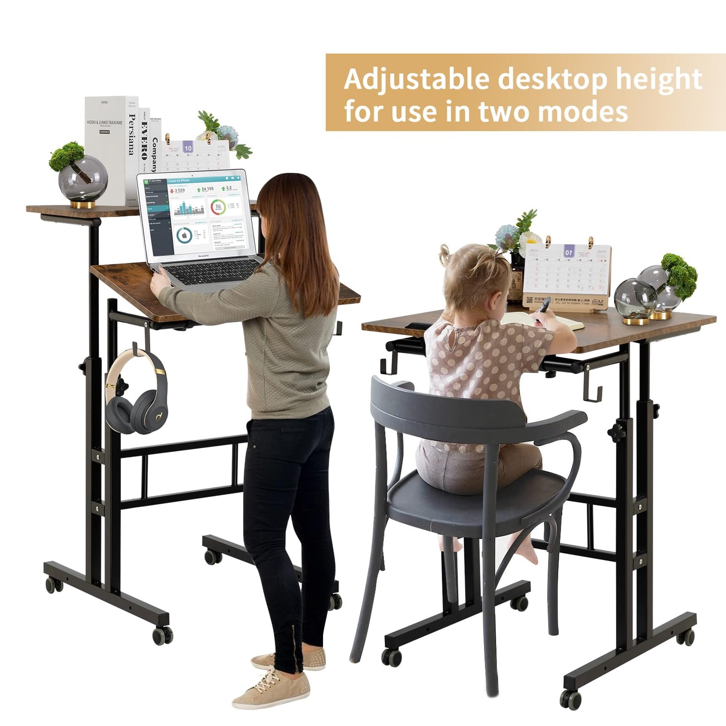 SIDUCAL Mobile Standing Desk, Portable Stand Up Desk, Small Adjustable Standing Desk Converter with Wheels Home Office Workstation, Rolling Desk Laptop Cart for Standing or Sitting, Black