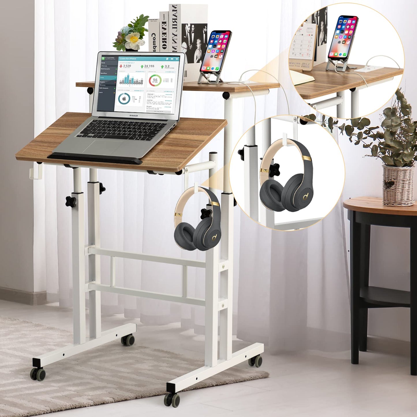 SIDUCAL Mobile Standing Desk, Portable Stand Up Desk, Small Adjustable Standing Desk Converter with Wheels Home Office Workstation, Rolling Desk Laptop Cart for Standing or Sitting, Black