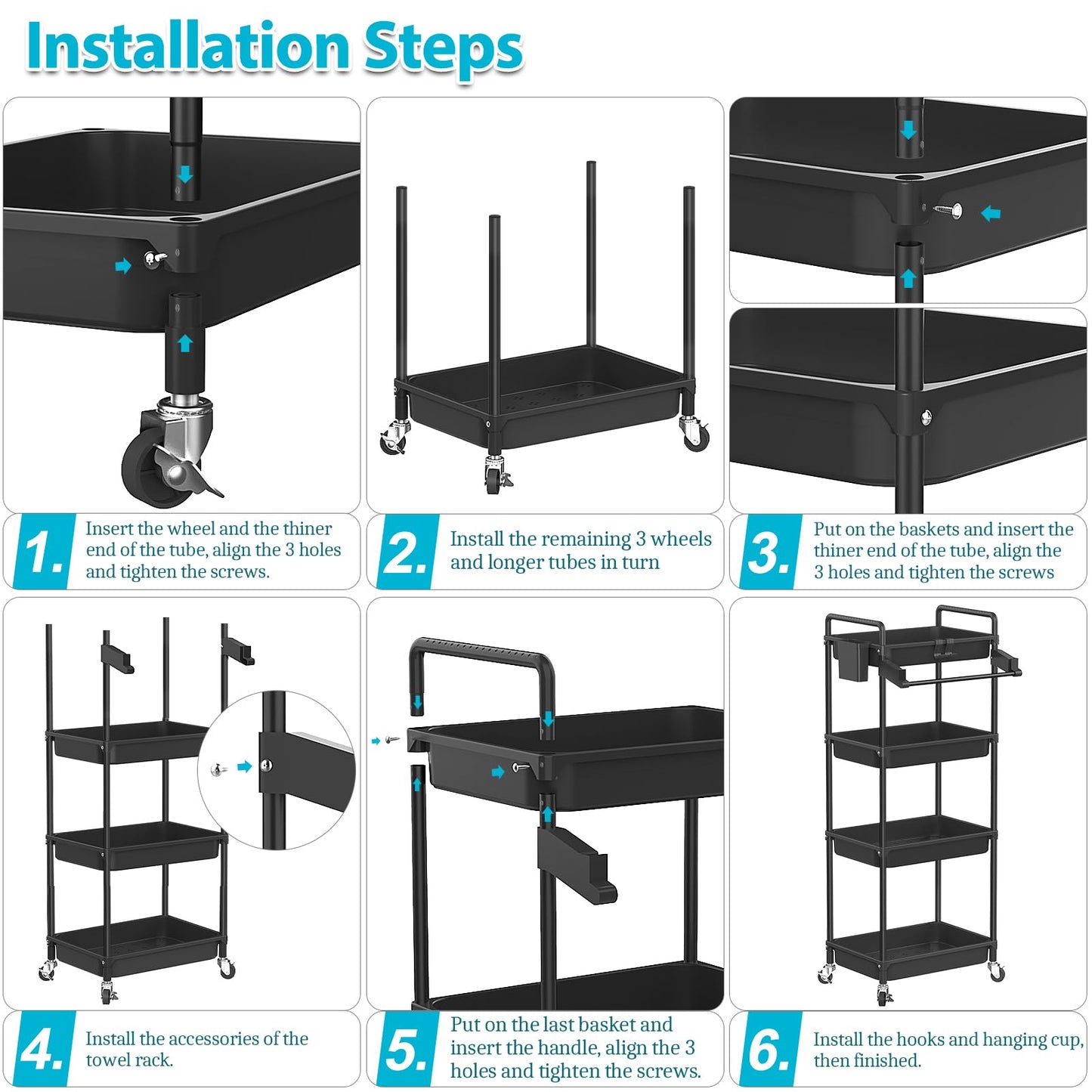 SPACEKEEPER Rolling Storage Cart, 3 Tier Utility Cart Laundry Room Organization Mobile Shelving Unit Bathroom Organizer with Towel Rack, Lockable Wheel, Hooks & Cup for Kitchen Office, Black