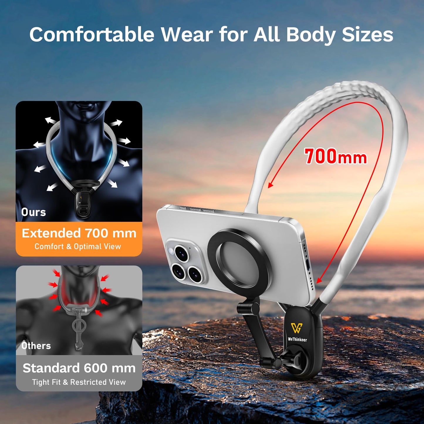 Neck Phone Holder for Recording, 700mm Extended for Comfort, Hands-Free POV/Vlog Magnetic Neck Mount with Anti-Shake Chest Strap, Content Creator Essential, Compatible with iPhone, Android, GoPro