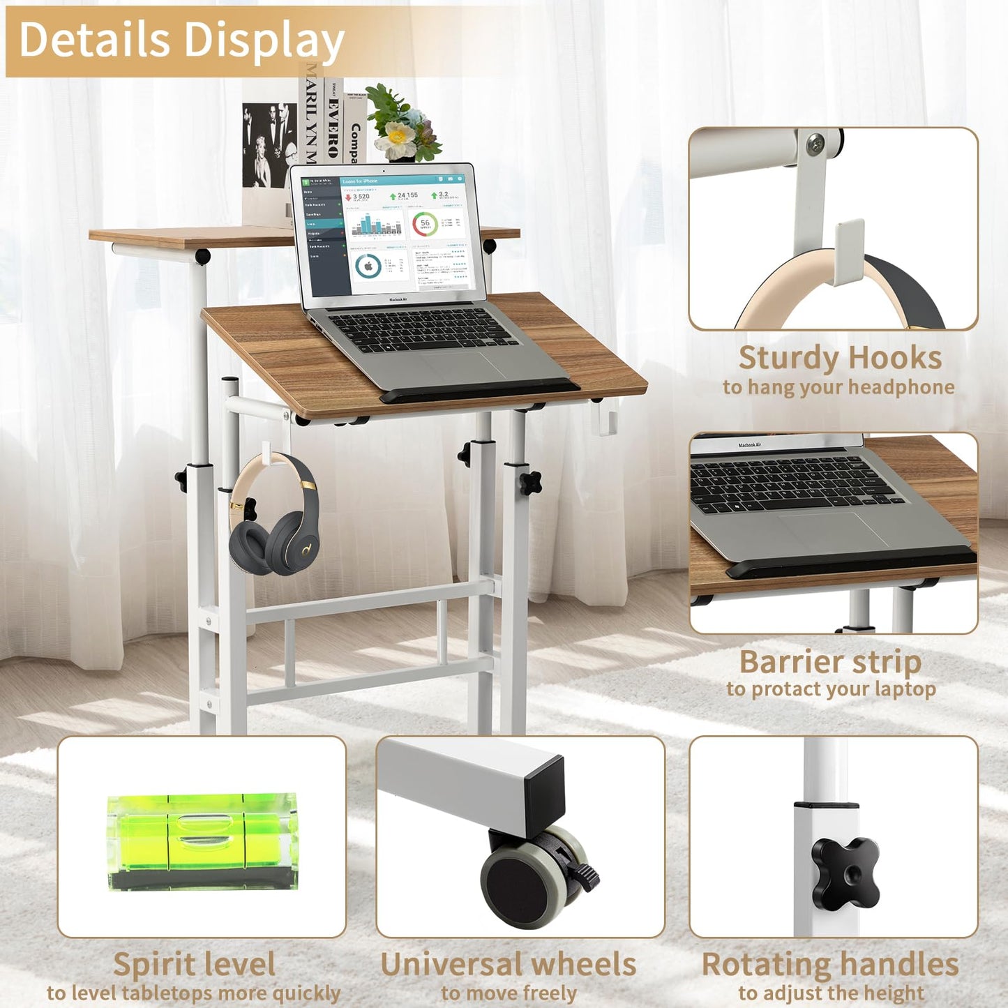 SIDUCAL Mobile Standing Desk, Portable Stand Up Desk, Small Adjustable Standing Desk Converter with Wheels Home Office Workstation, Rolling Desk Laptop Cart for Standing or Sitting, Black