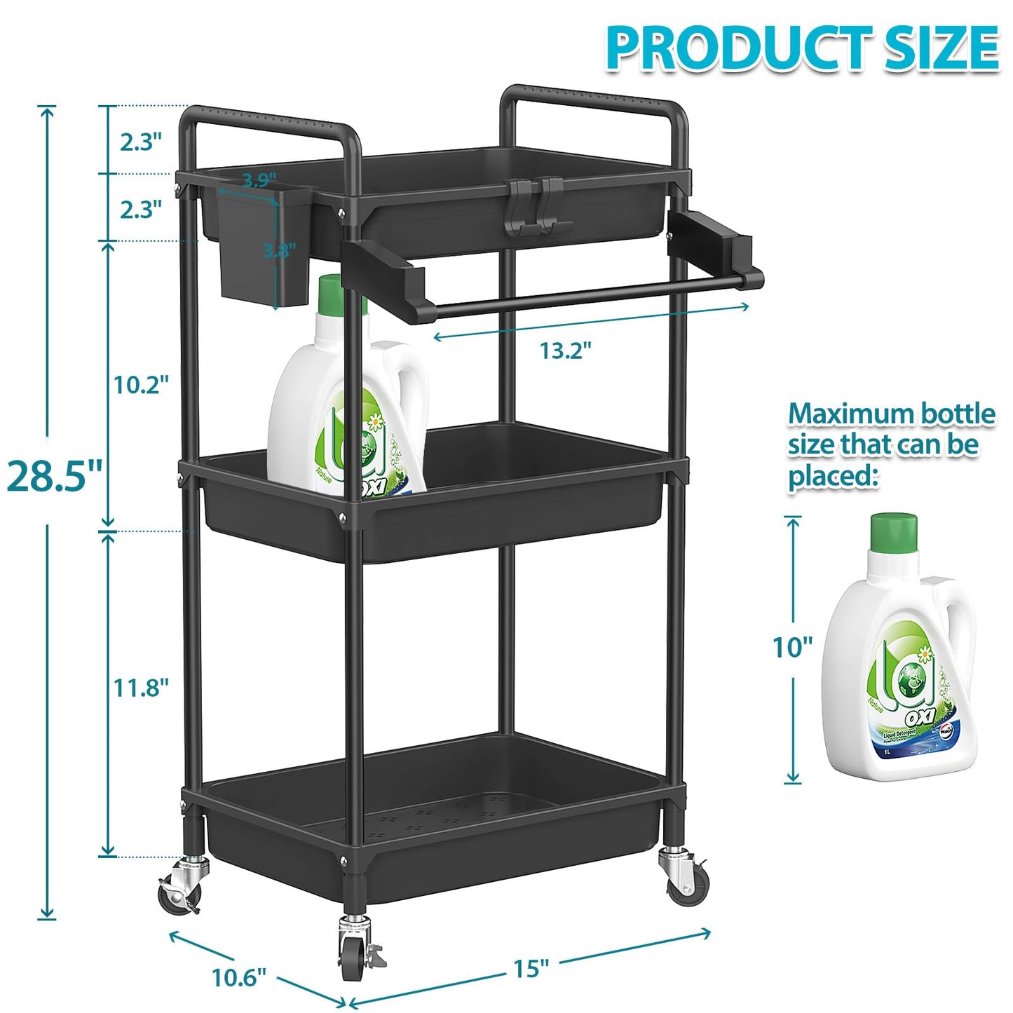 SPACEKEEPER Rolling Storage Cart, 3 Tier Utility Cart Laundry Room Organization Mobile Shelving Unit Bathroom Organizer with Towel Rack, Lockable Wheel, Hooks & Cup for Kitchen Office, Black