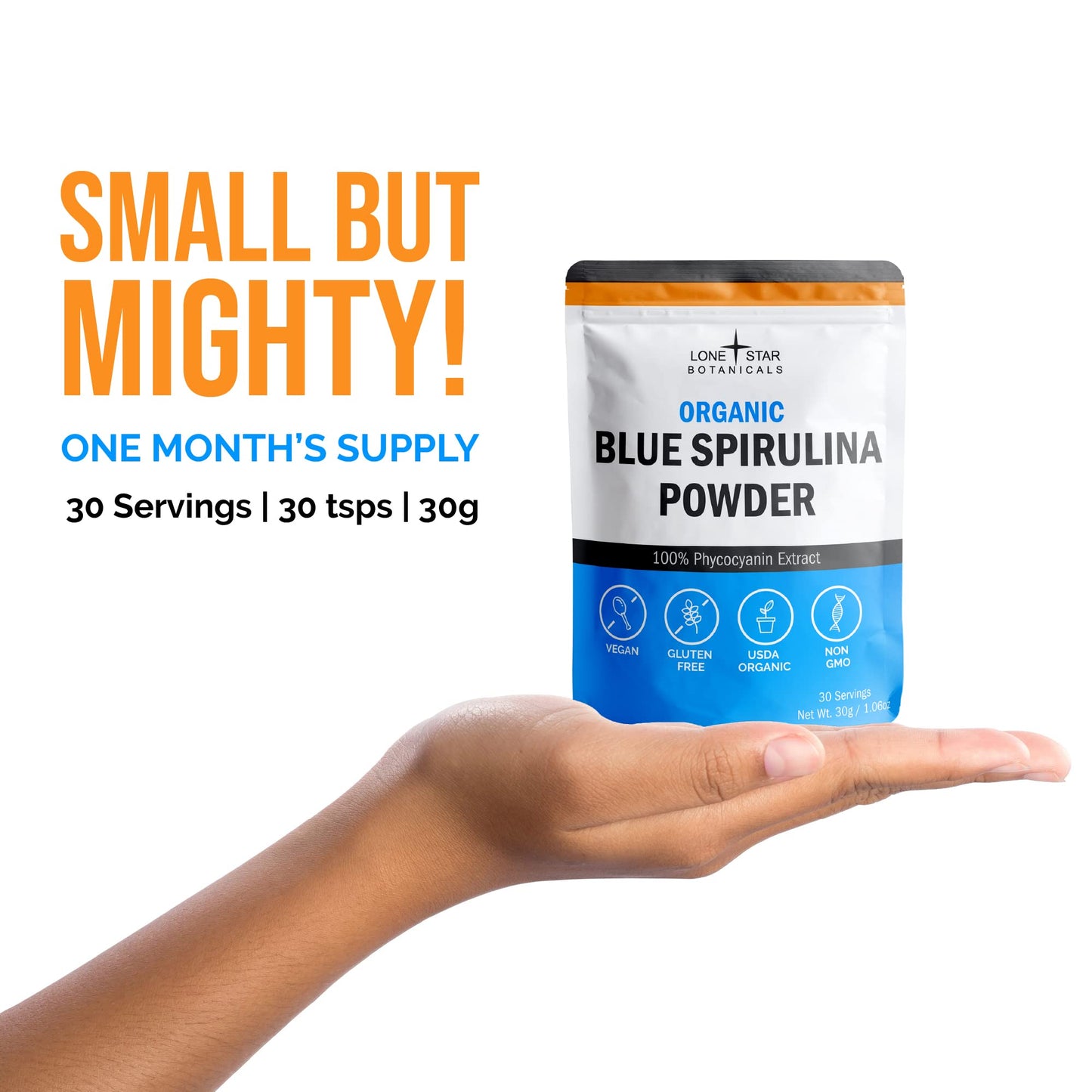 Organic Blue Spirulina Powder - 100% Pure Superfood, Blue-Green Algae, No Fishy Smell, Natural Food Coloring for Smoothies & Protein Drinks - Non GMO, Gluten-Free, Vegan + USDA Certified, 30 Servings