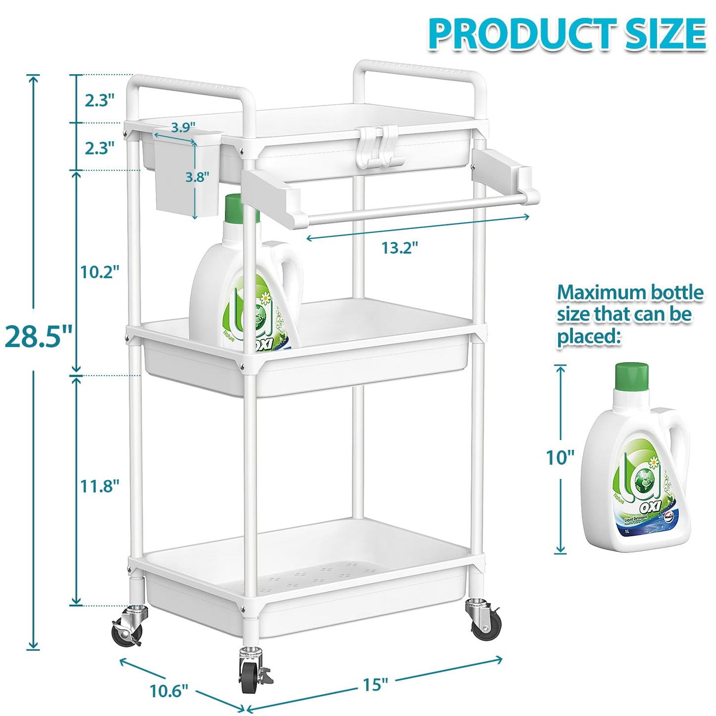 SPACEKEEPER Rolling Storage Cart, 3 Tier Utility Cart Laundry Room Organization Mobile Shelving Unit Bathroom Organizer with Towel Rack, Lockable Wheel, Hooks & Cup for Kitchen Office, Black